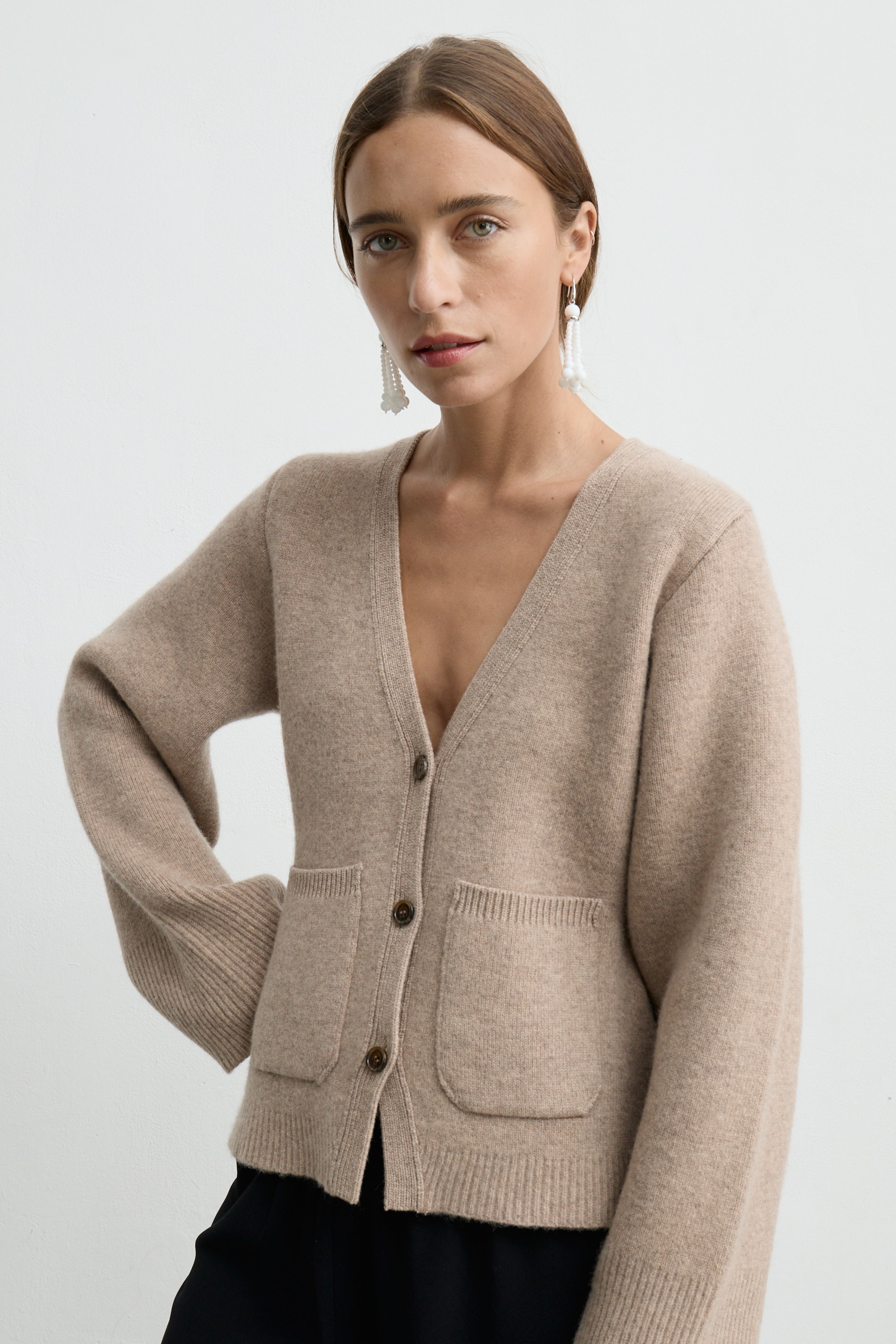 Almina Concept - V Neck Cardigan in Oatmeal