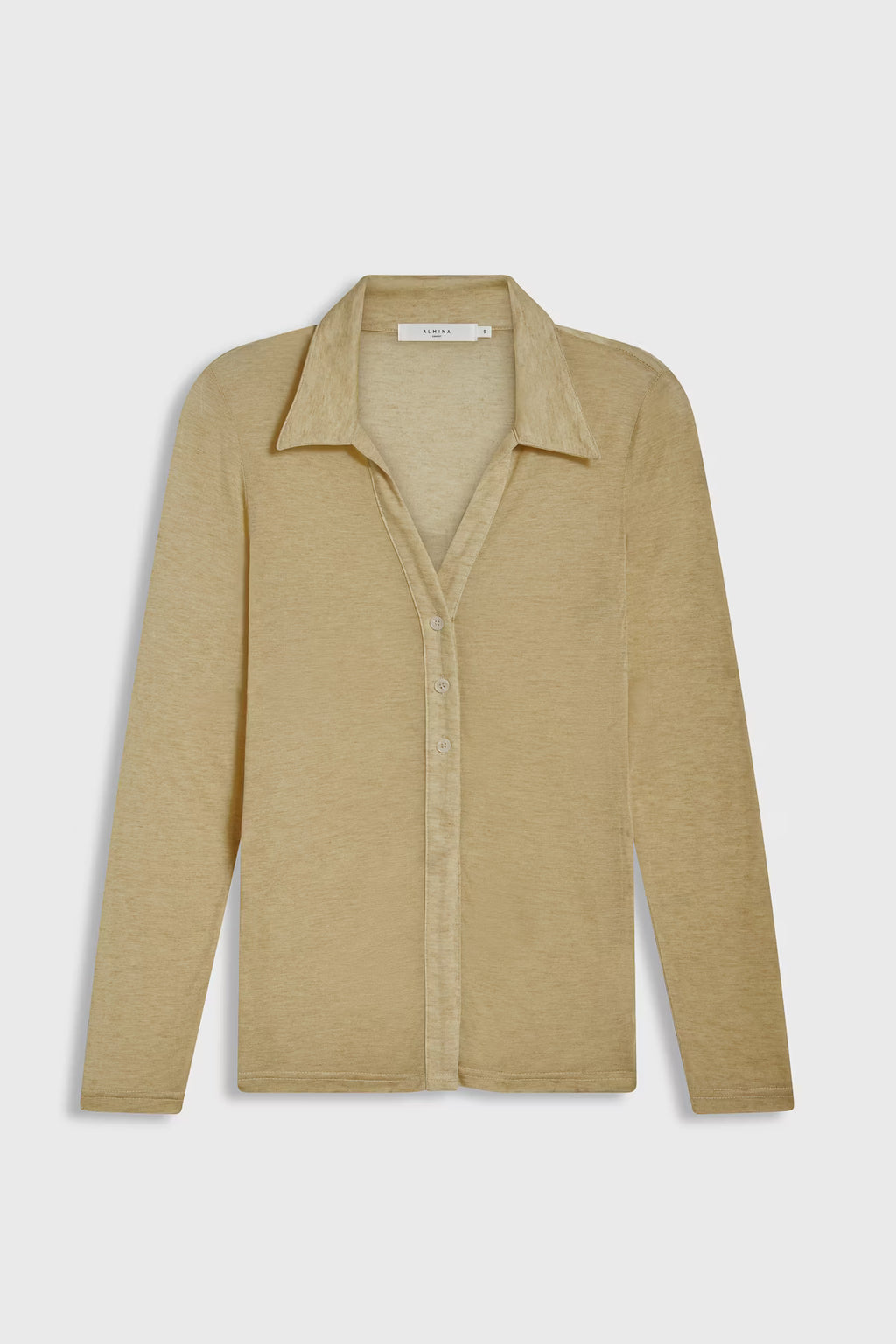 Beige long-sleeve shirt on a light gray background