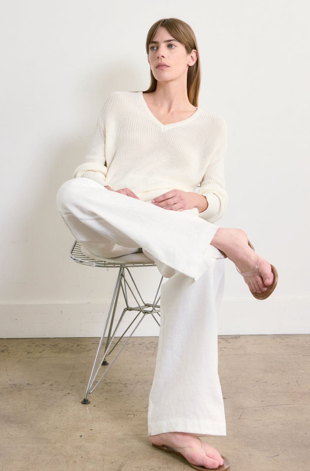 Cotton Mesh V Neck Sweater