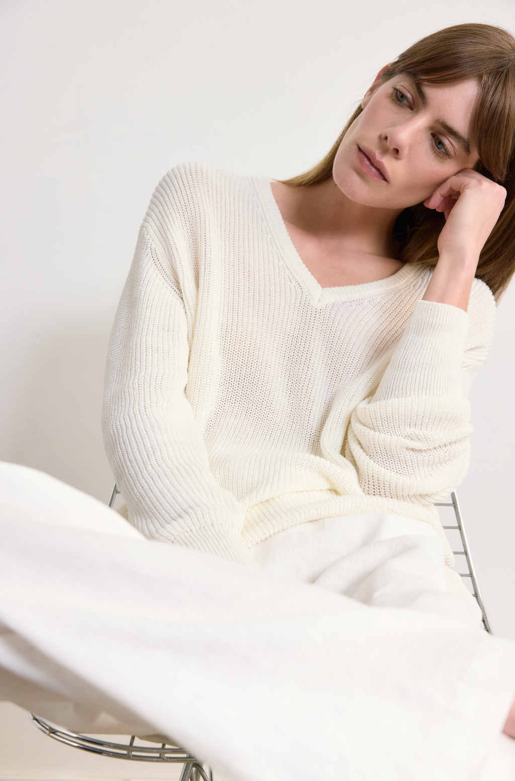 Cotton Mesh V Neck Sweater