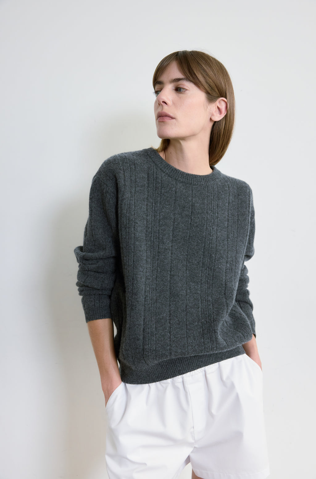 Ribbed Wool Crewneck Sweater - Almina Concept 
