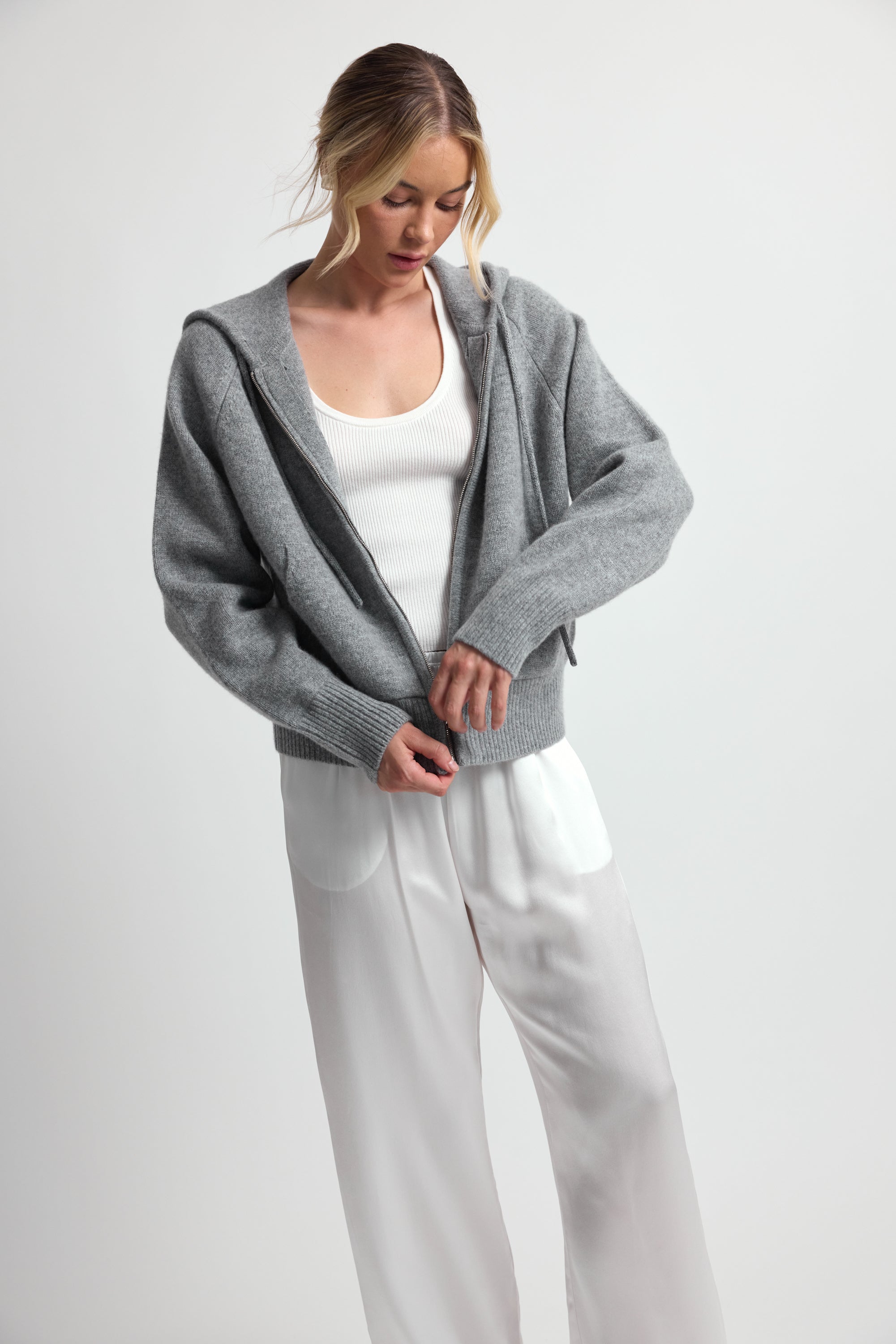 Wool Hoodie Zip Up Sweater - Almina Concept 