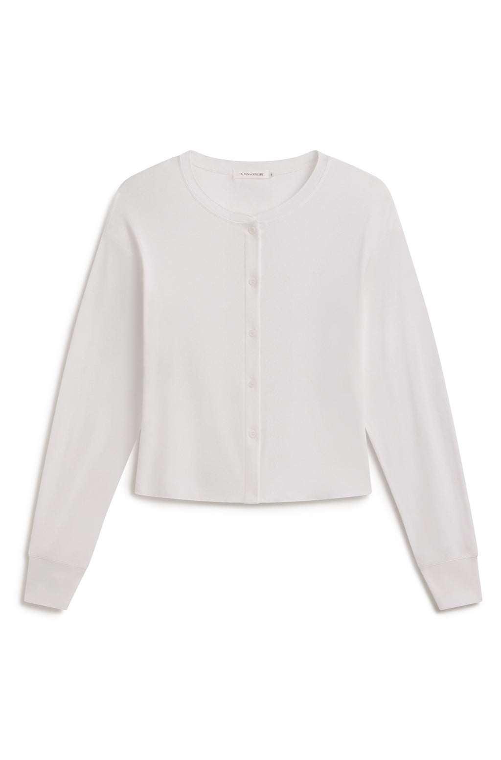 A white long-sleeve cropped cardigan with a round neckline and a button-up front, displayed flat against a white background.