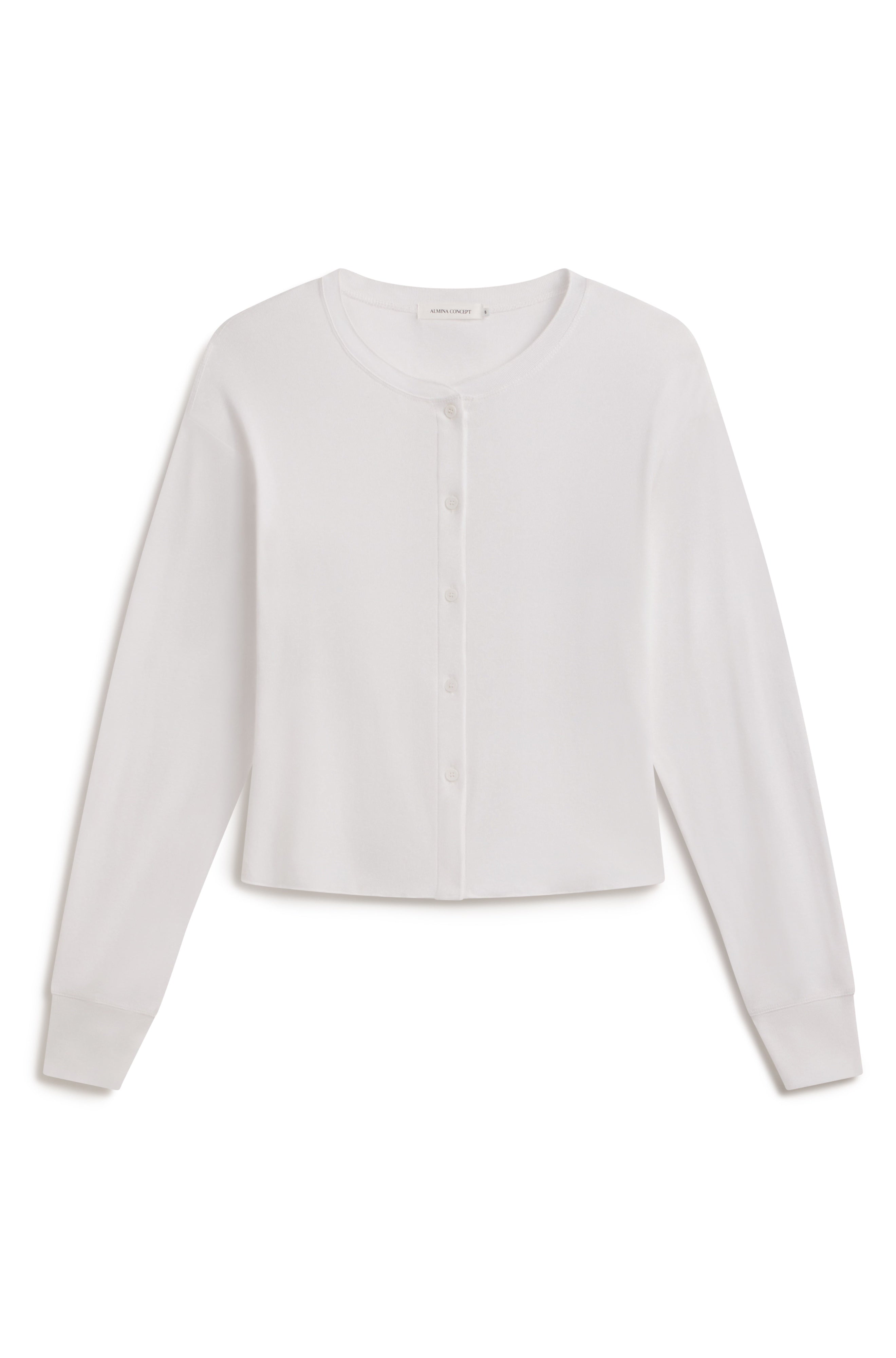 A white long-sleeve cropped cardigan with a round neckline and a button-up front, displayed flat against a white background.