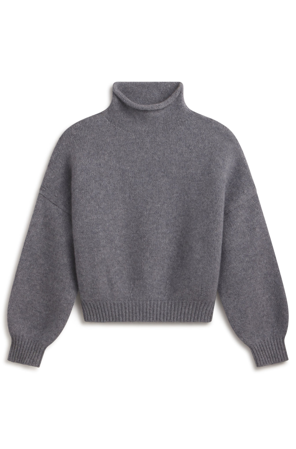 A dark gray knit turtleneck sweater with long sleeves and ribbed cuffs and hem, shown against a plain white background.