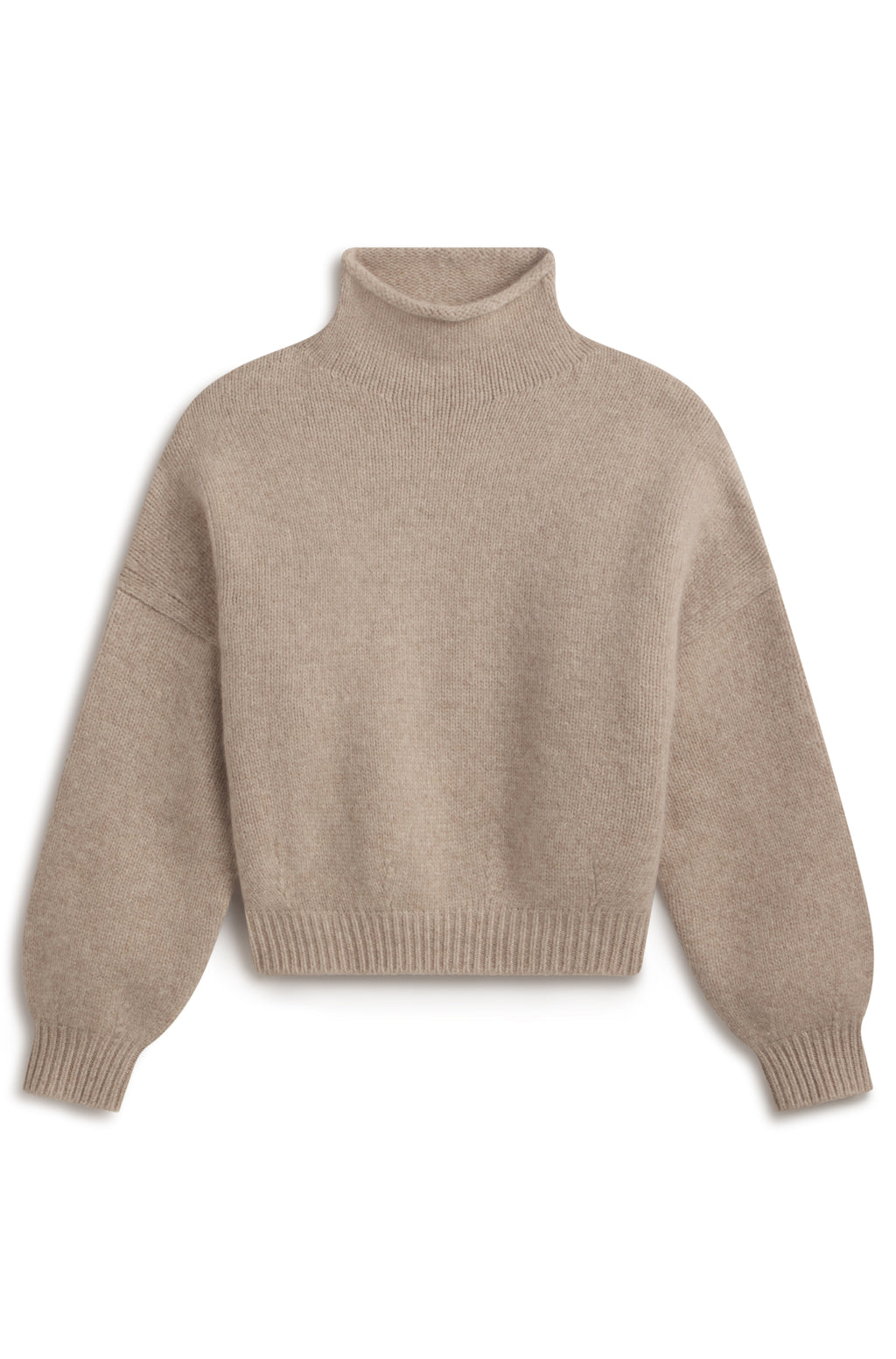 A light beige knit turtleneck sweater with a relaxed fit, displayed flat against a solid white background.