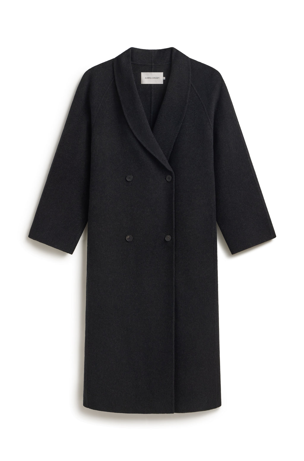 A black double-breasted coat with a shawl collar and three-quarter sleeves, shown flat against a white background.