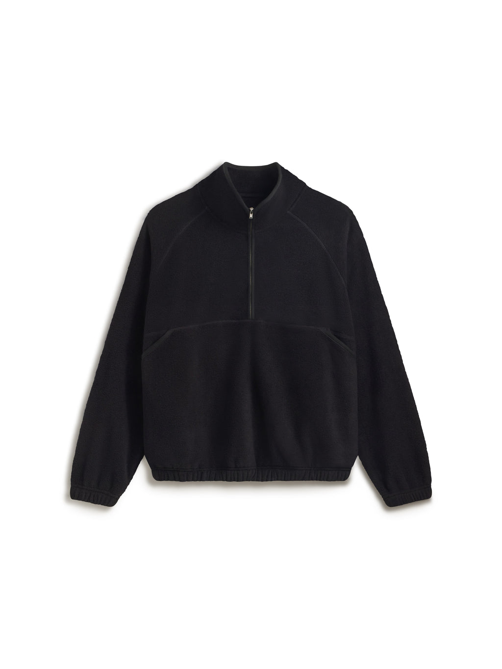 A black long-sleeve quarter-zip pullover jacket with a mock neck collar, displayed flat against a solid white background.