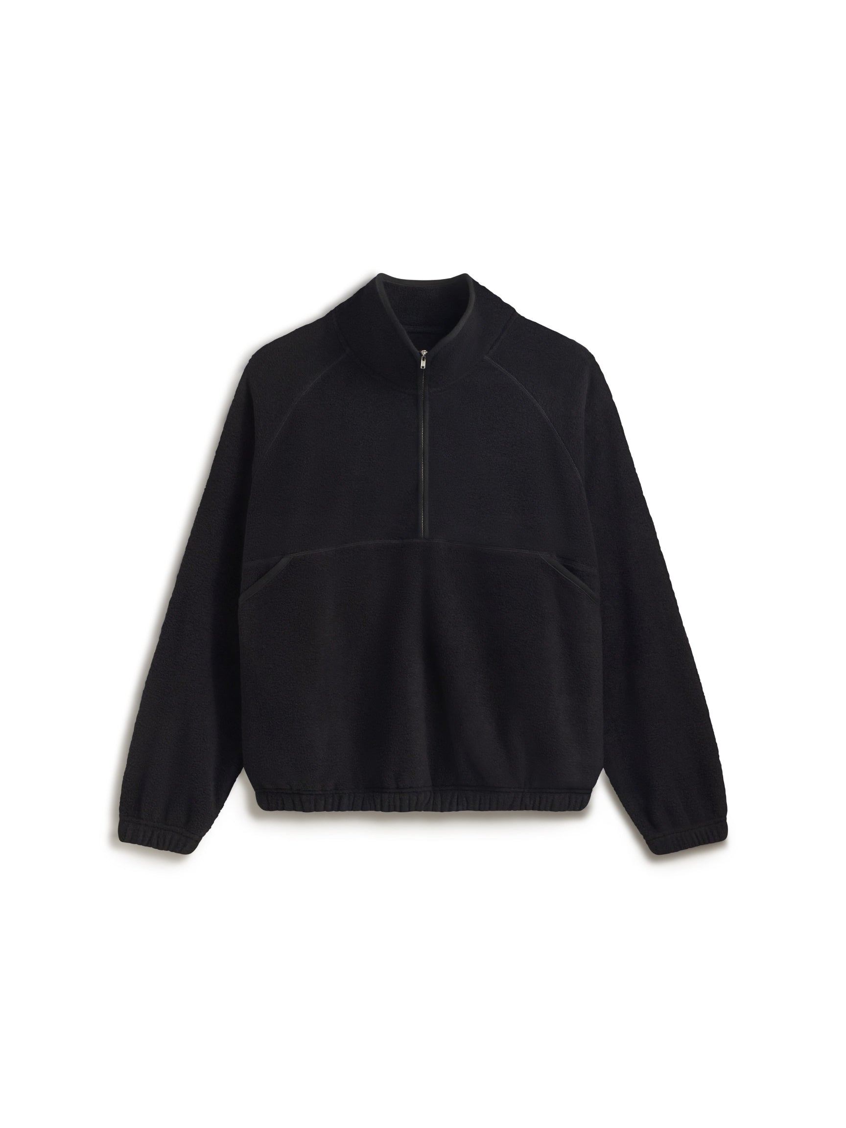 A black long-sleeve quarter-zip pullover jacket with a mock neck collar, displayed flat against a solid white background.