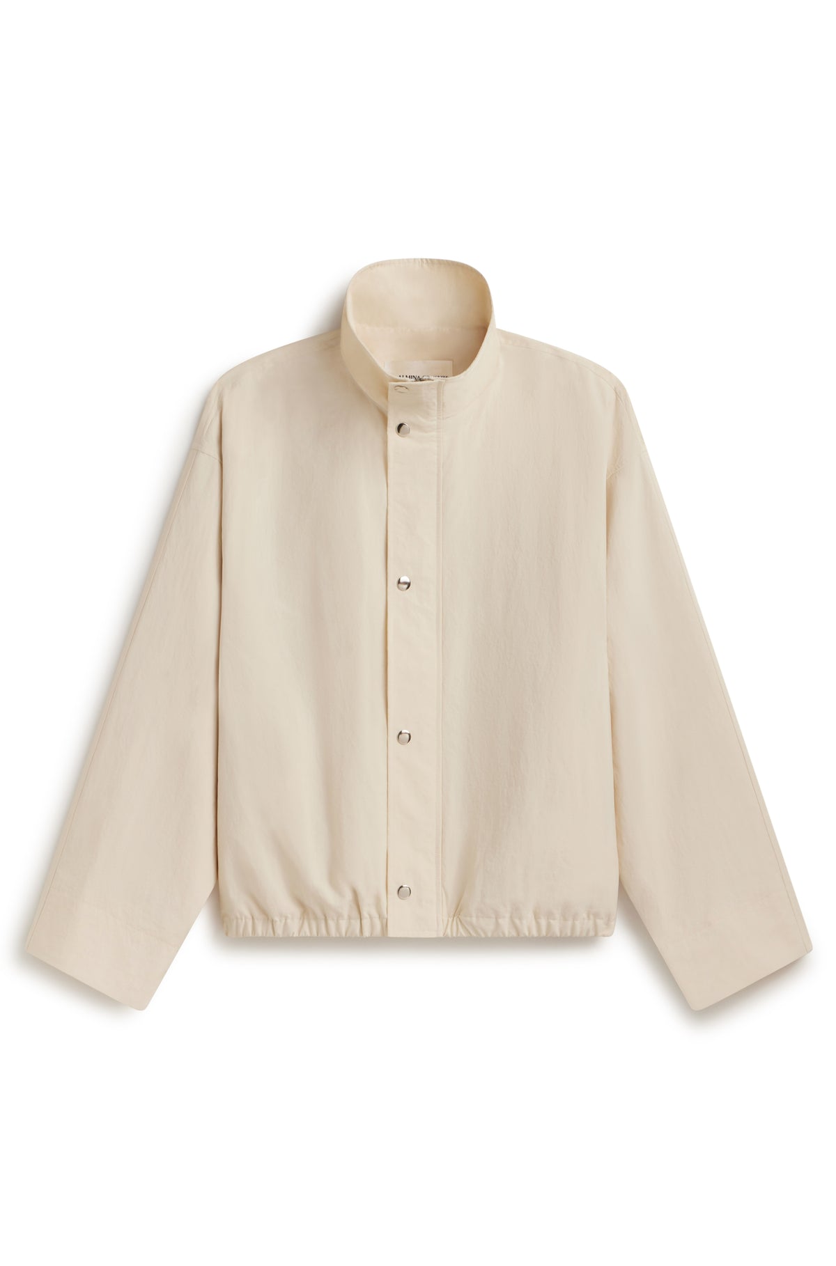Cream ivory high neck jacket with button up front against a white background