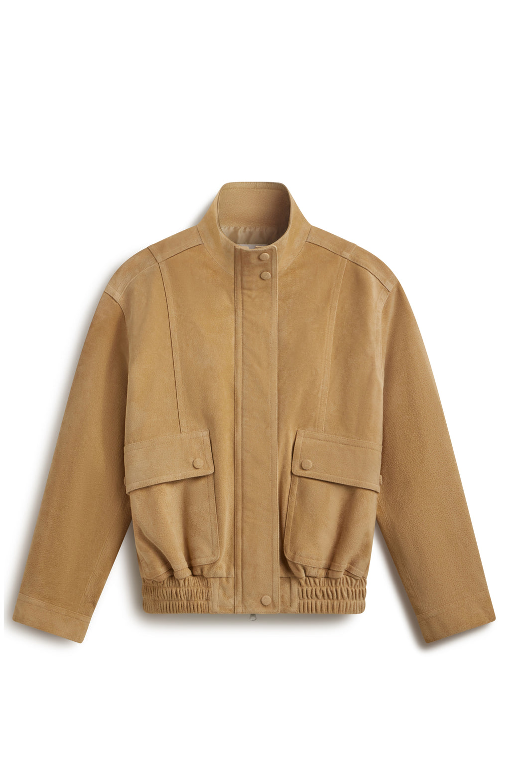 A tan suede jacket with a stand-up collar, snap-button front, and two front flap pockets, shown on a plain white background.