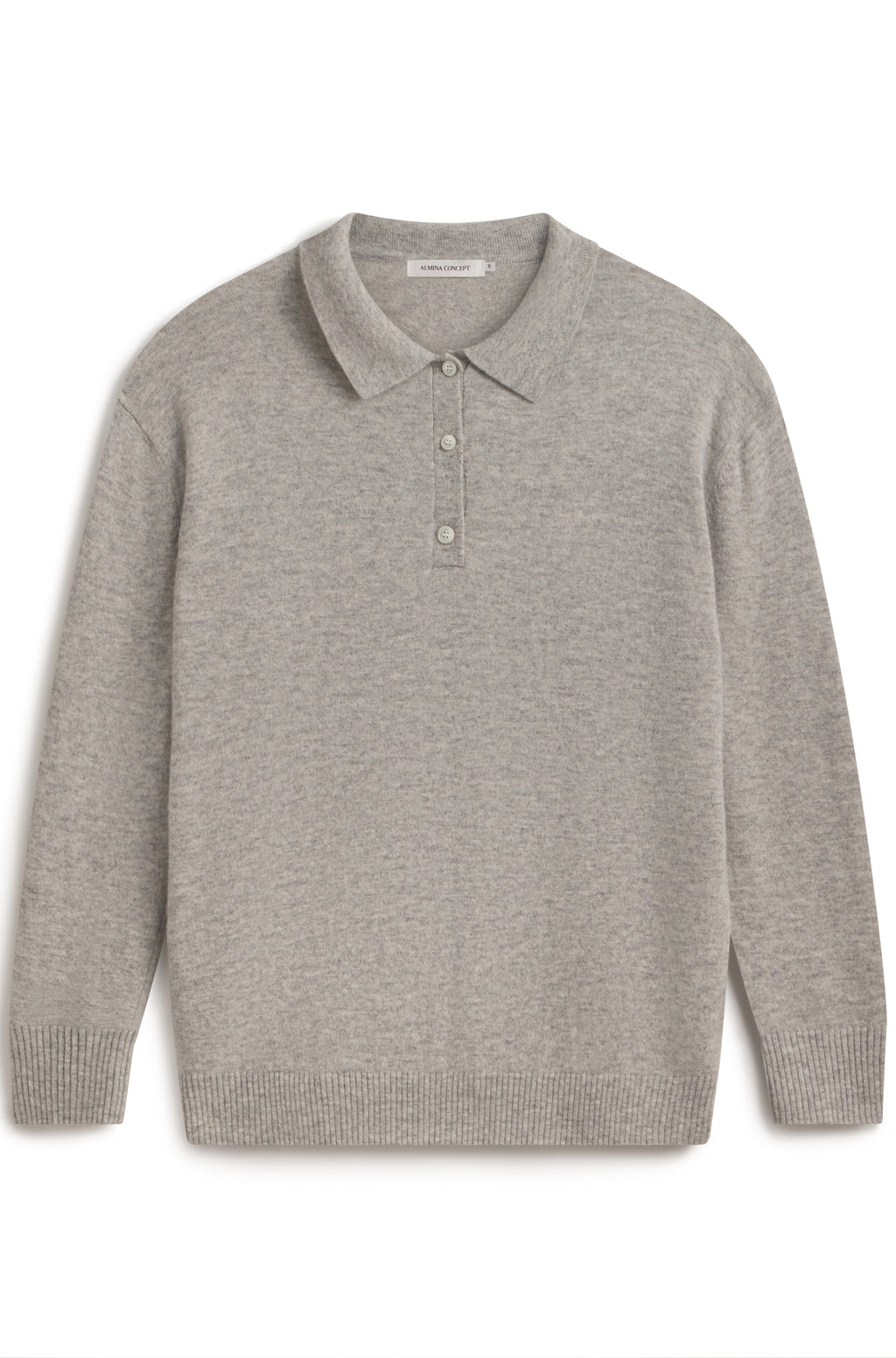 A light gray heather knit polo sweater with a three-button placket, displayed flat against a plain white background.