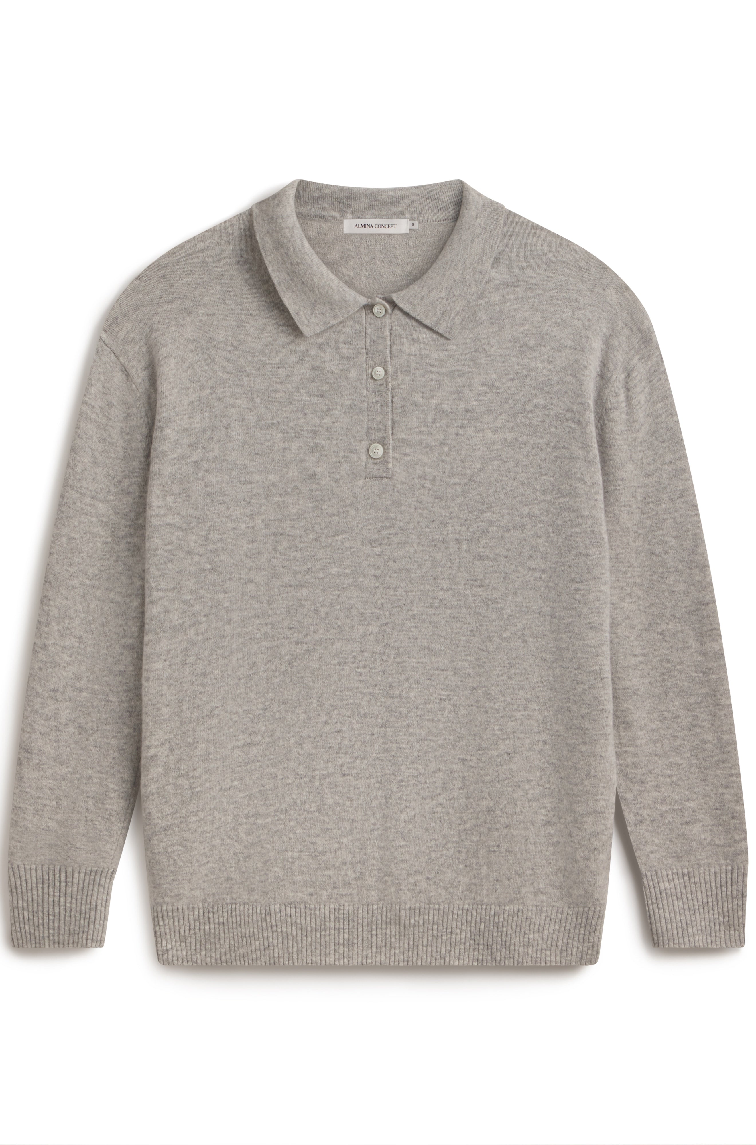 A light gray heather knit polo sweater with a three-button placket, displayed flat against a plain white background.