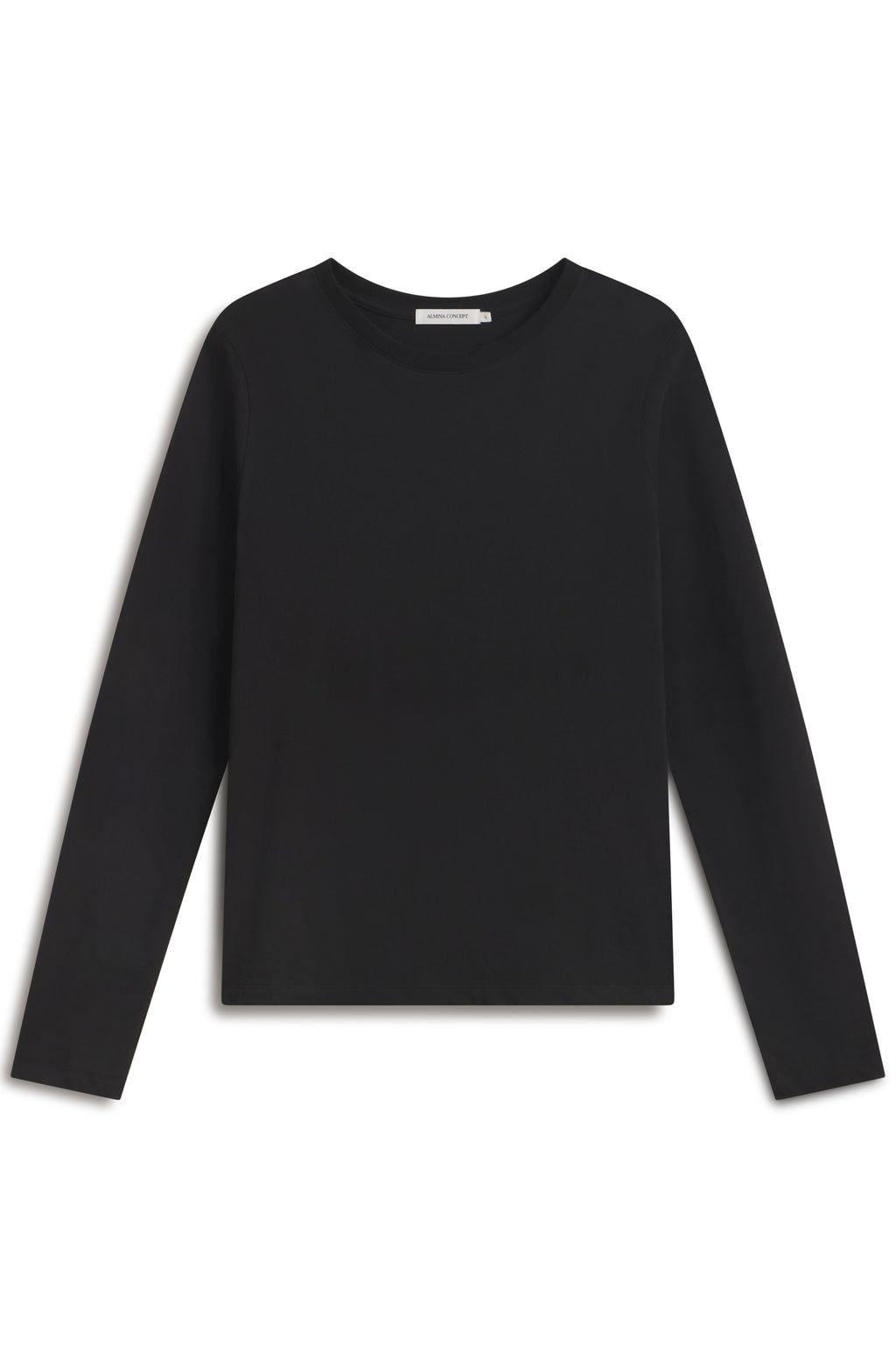 A black long-sleeve crewneck knit top, shown flat against a plain white background.