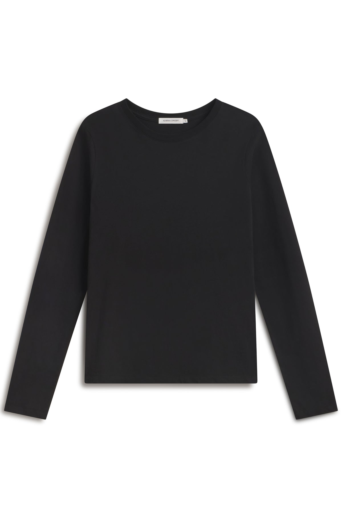A black long-sleeve crewneck knit top, shown flat against a plain white background.