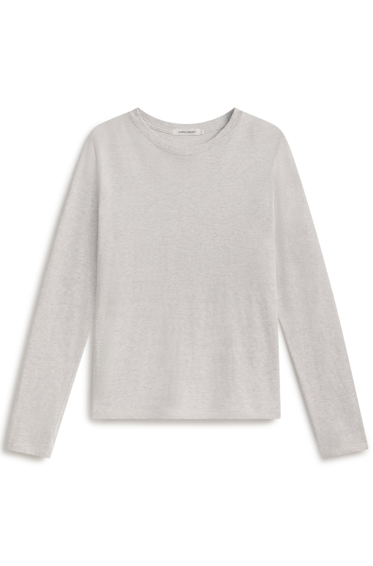 A light gray long-sleeve crewneck knit top, shown flat against a plain white background.