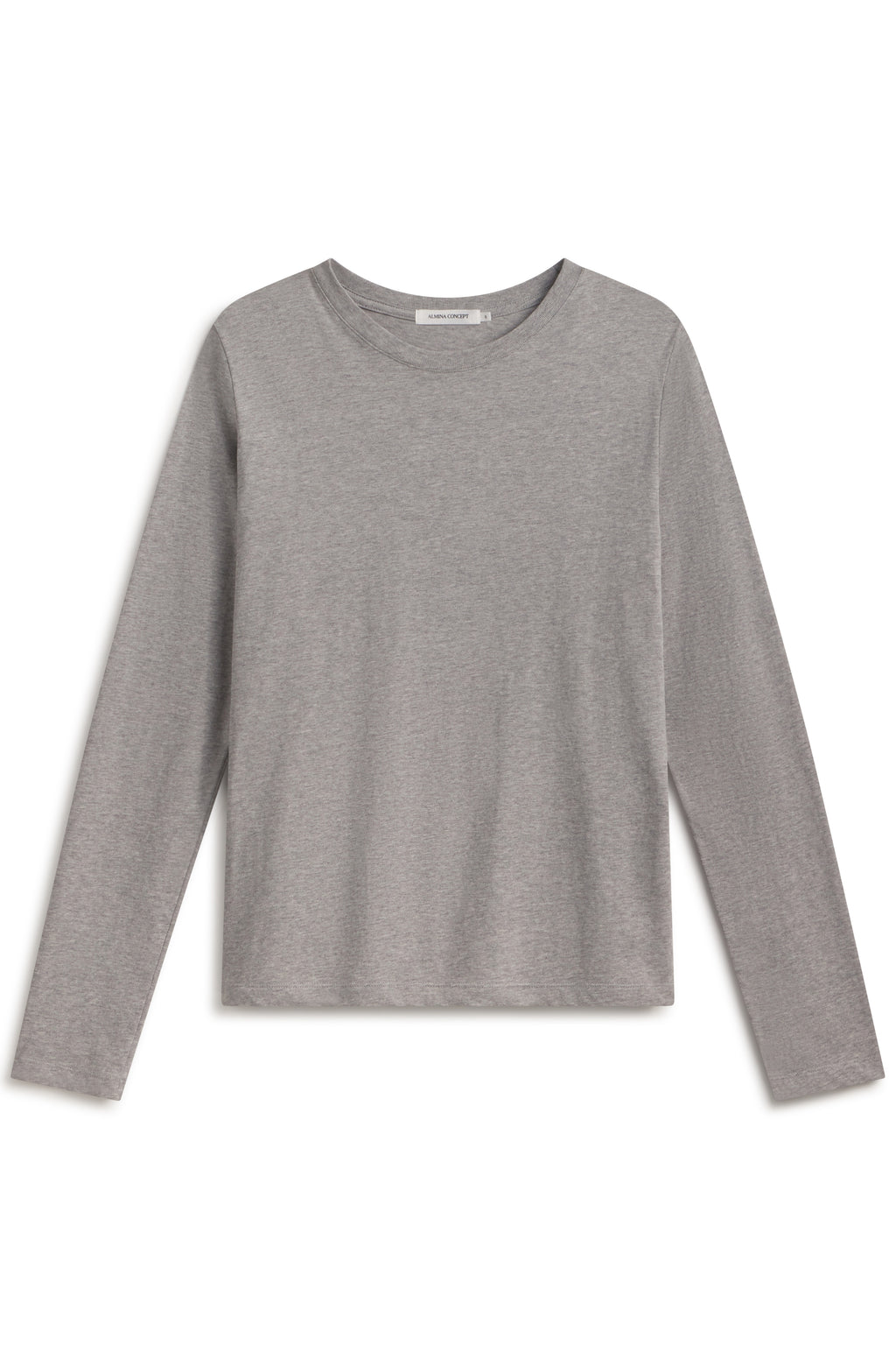 A light gray long-sleeve crewneck top, shown flat against a white background.