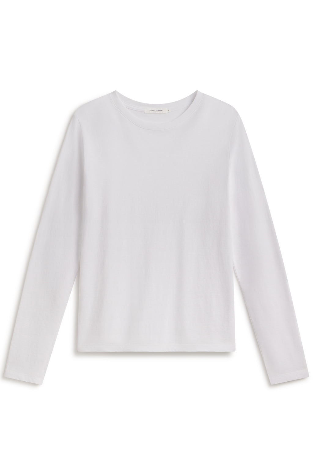A plain white long-sleeve crewneck top laid flat against a white background.