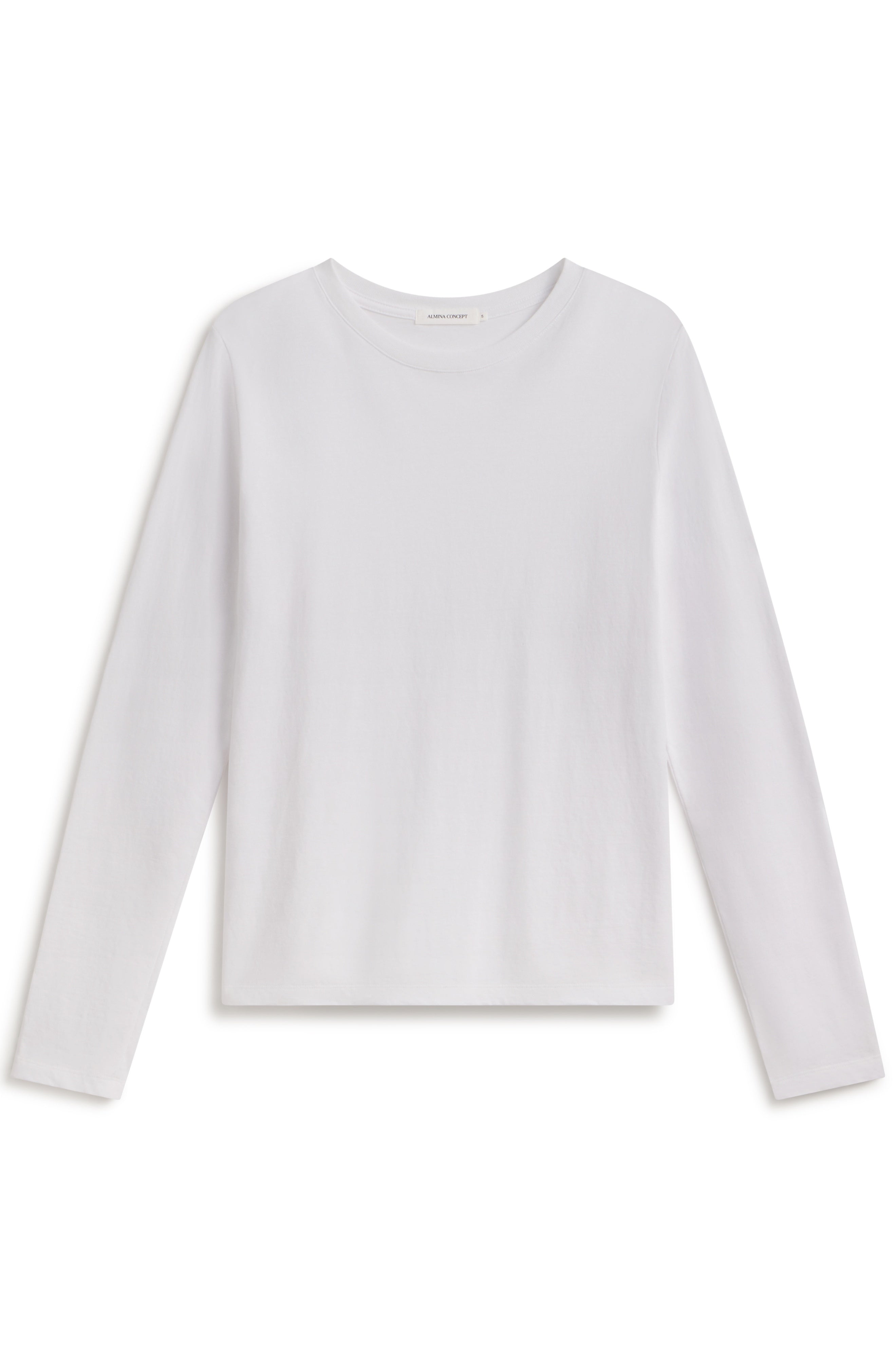 A plain white long-sleeve crewneck top laid flat against a white background.