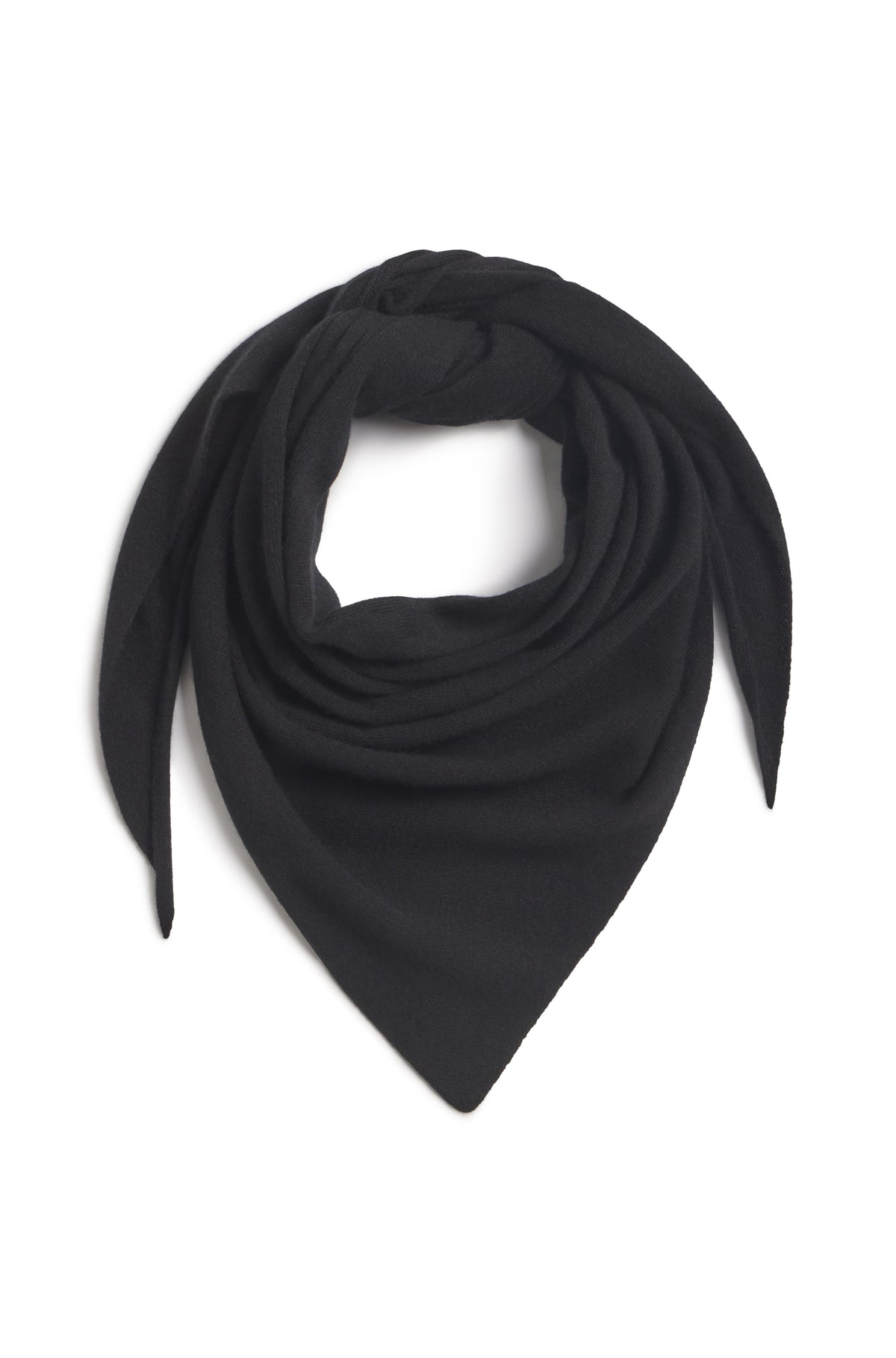 Black wool long triangle scarf against a white background