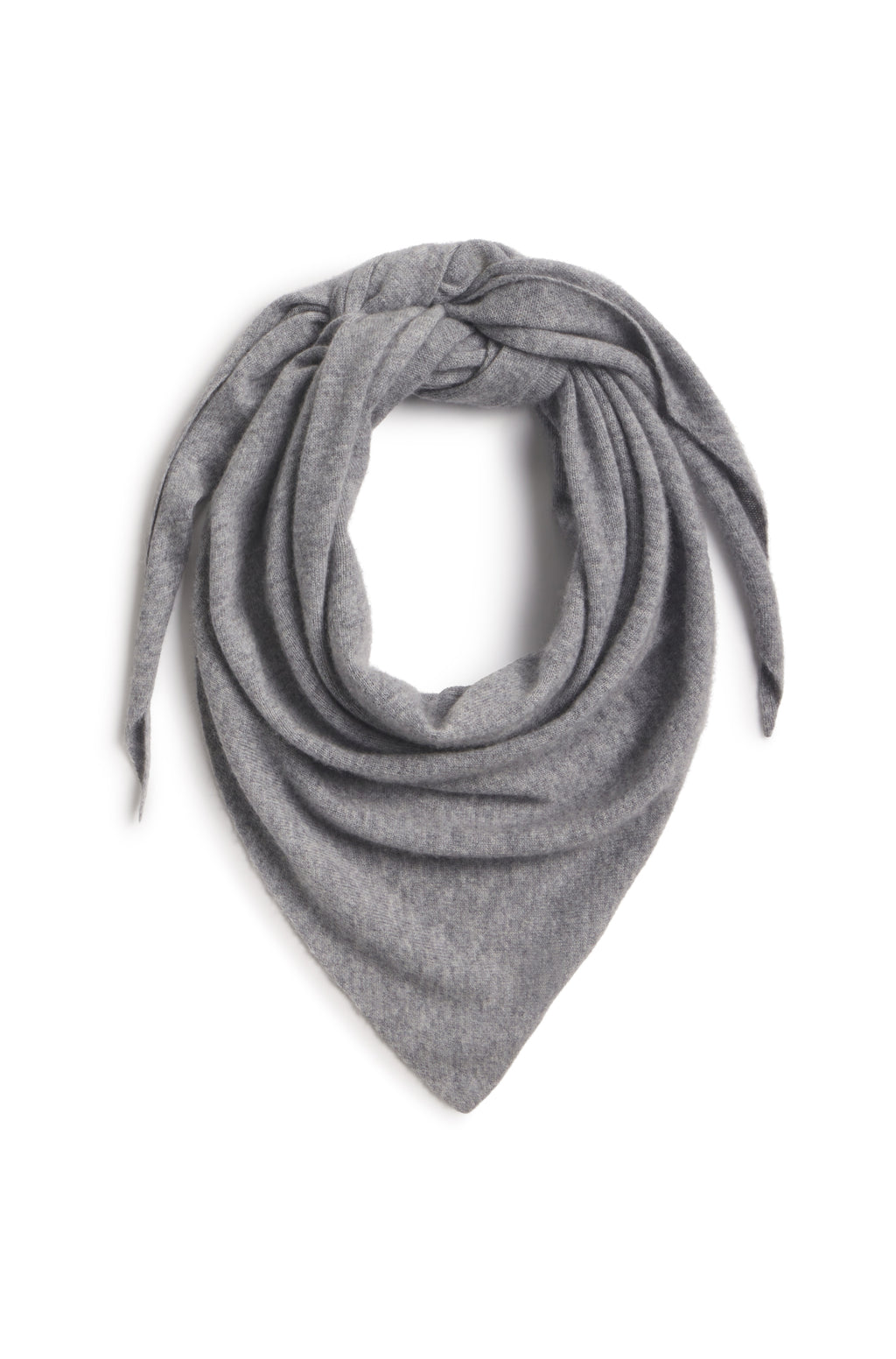 Grey wool long triangle scarf against a white background