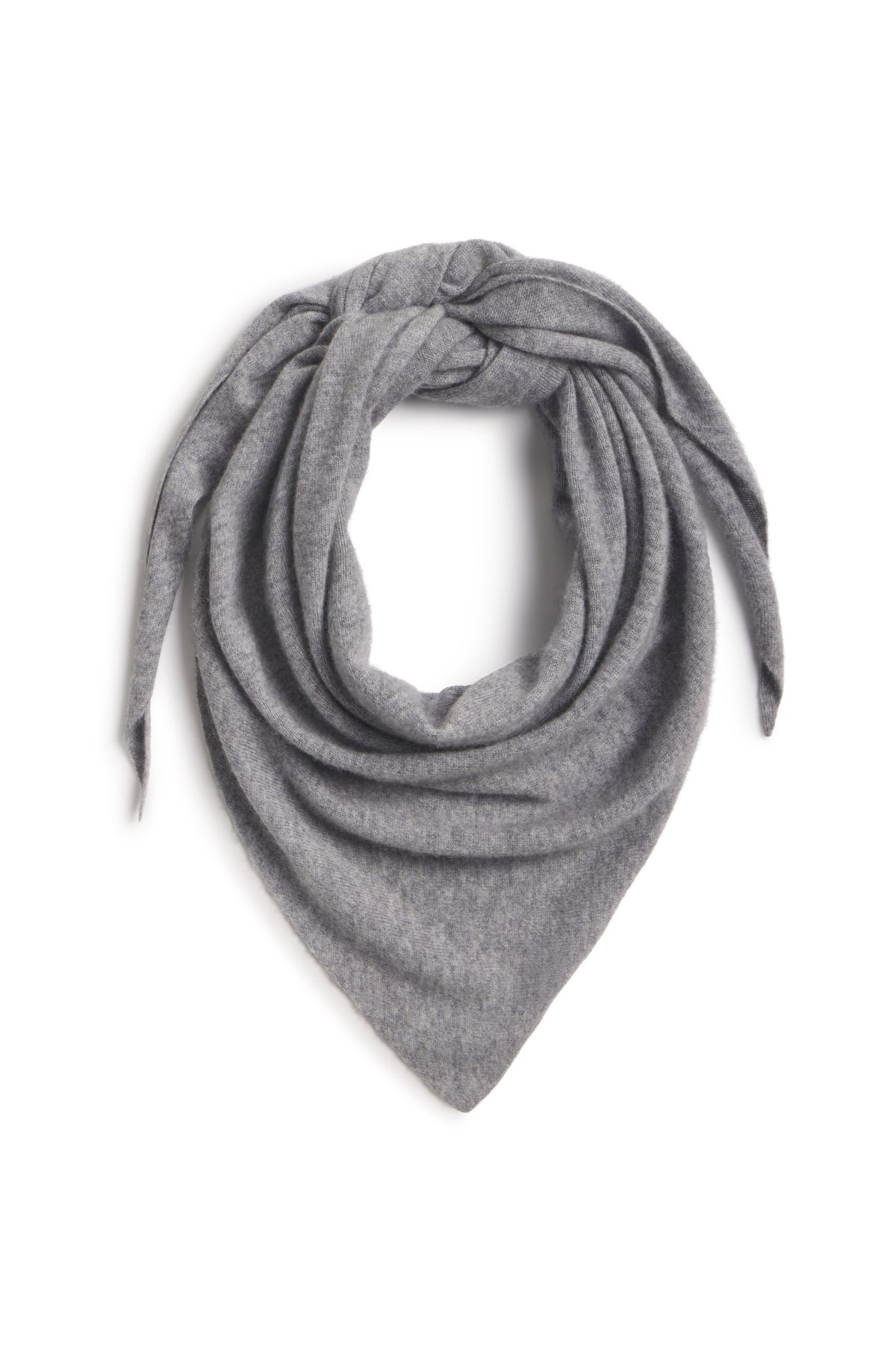 Grey wool long triangle scarf against a white background