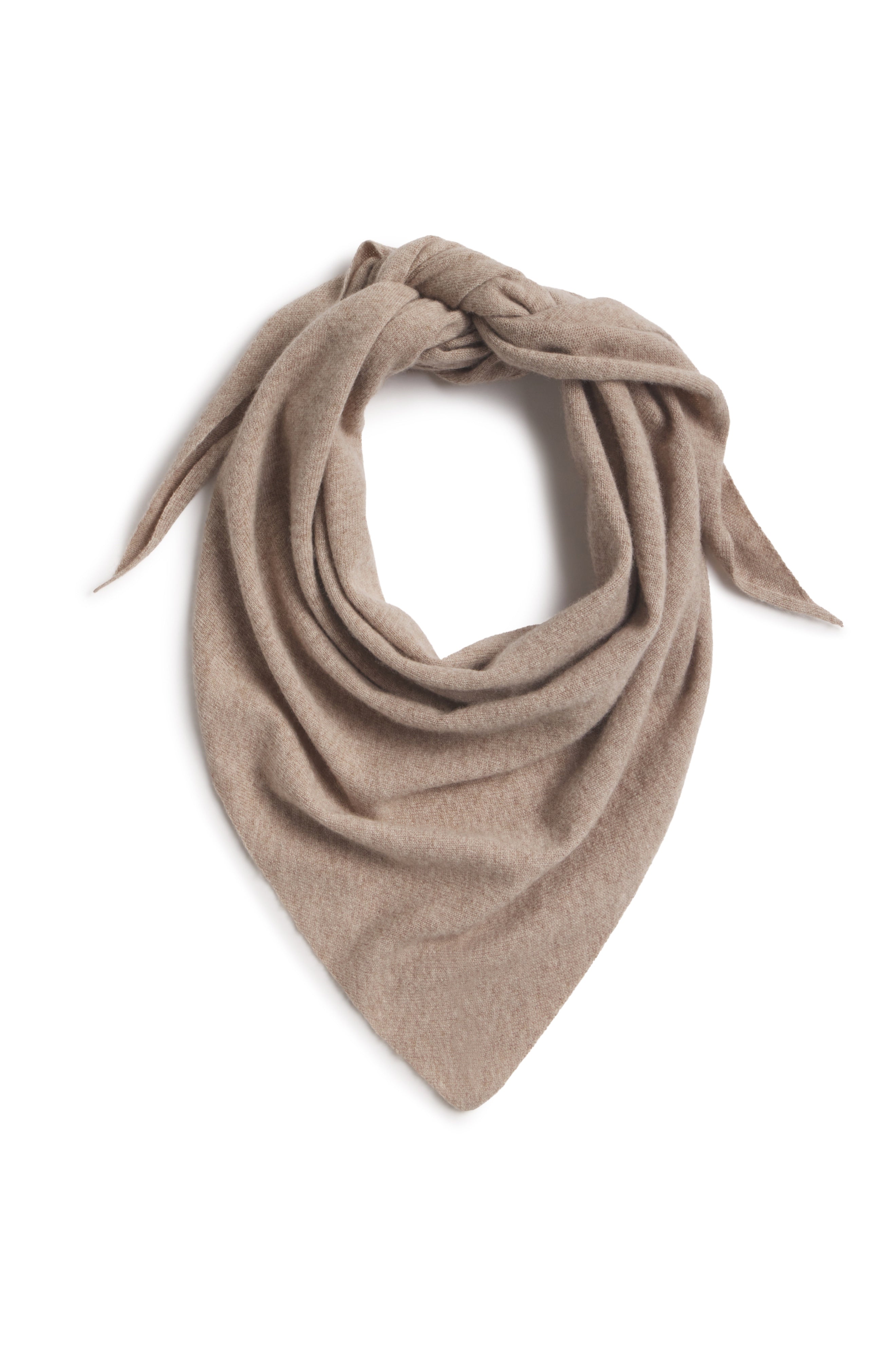 Brown wool long triangle scarf against a white background