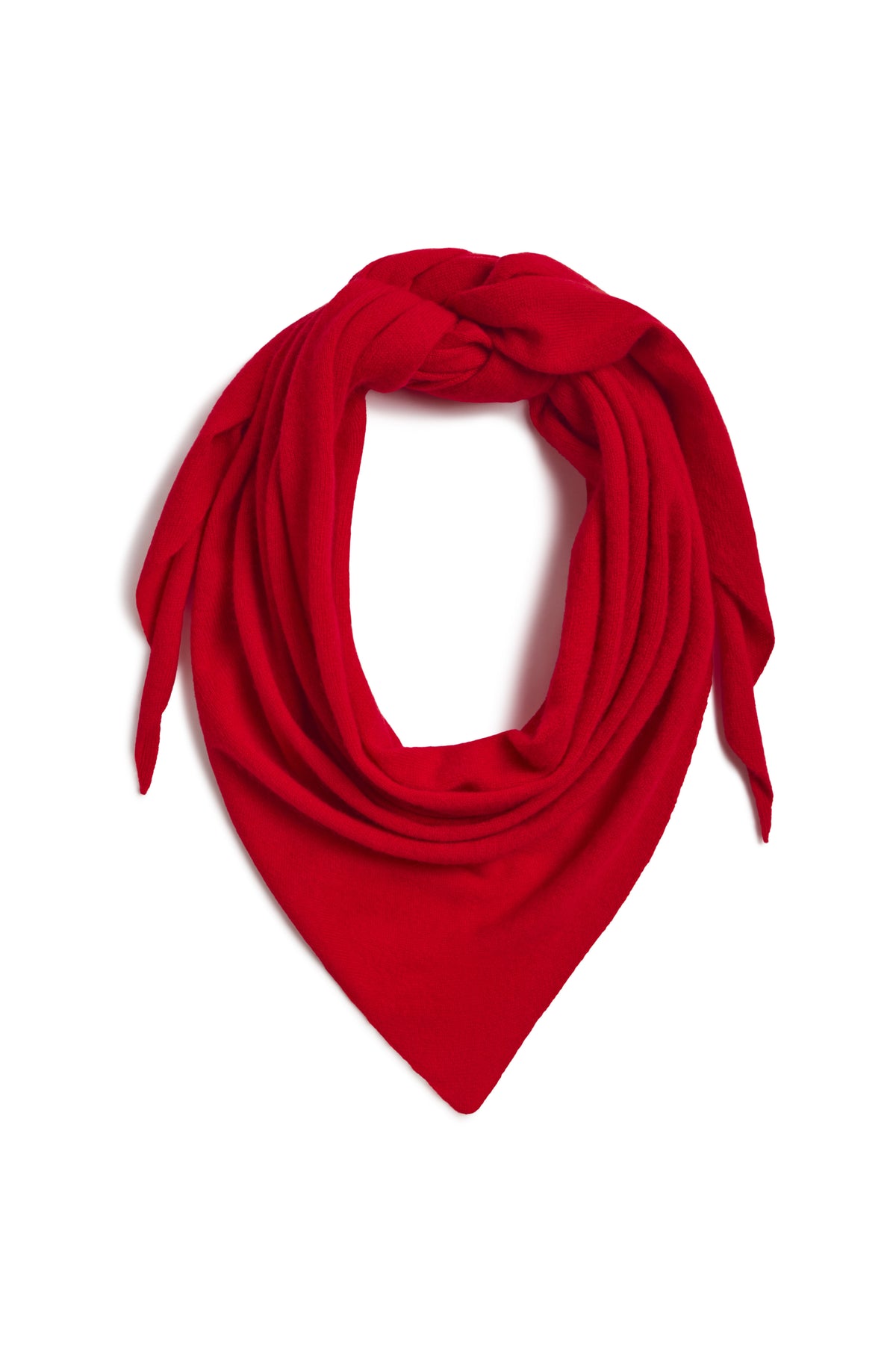 A bright red knit bandana scarf tied in a knot at the top and draped symmetrically, displayed on a clean white background.