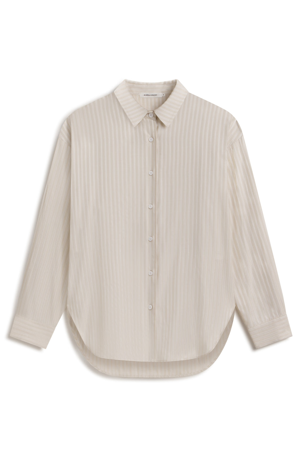 A long-sleeve button-up shirt in a warm cream or off-white color, featuring subtle vertical pinstripes and a pointed collar, shown against a plain white background.