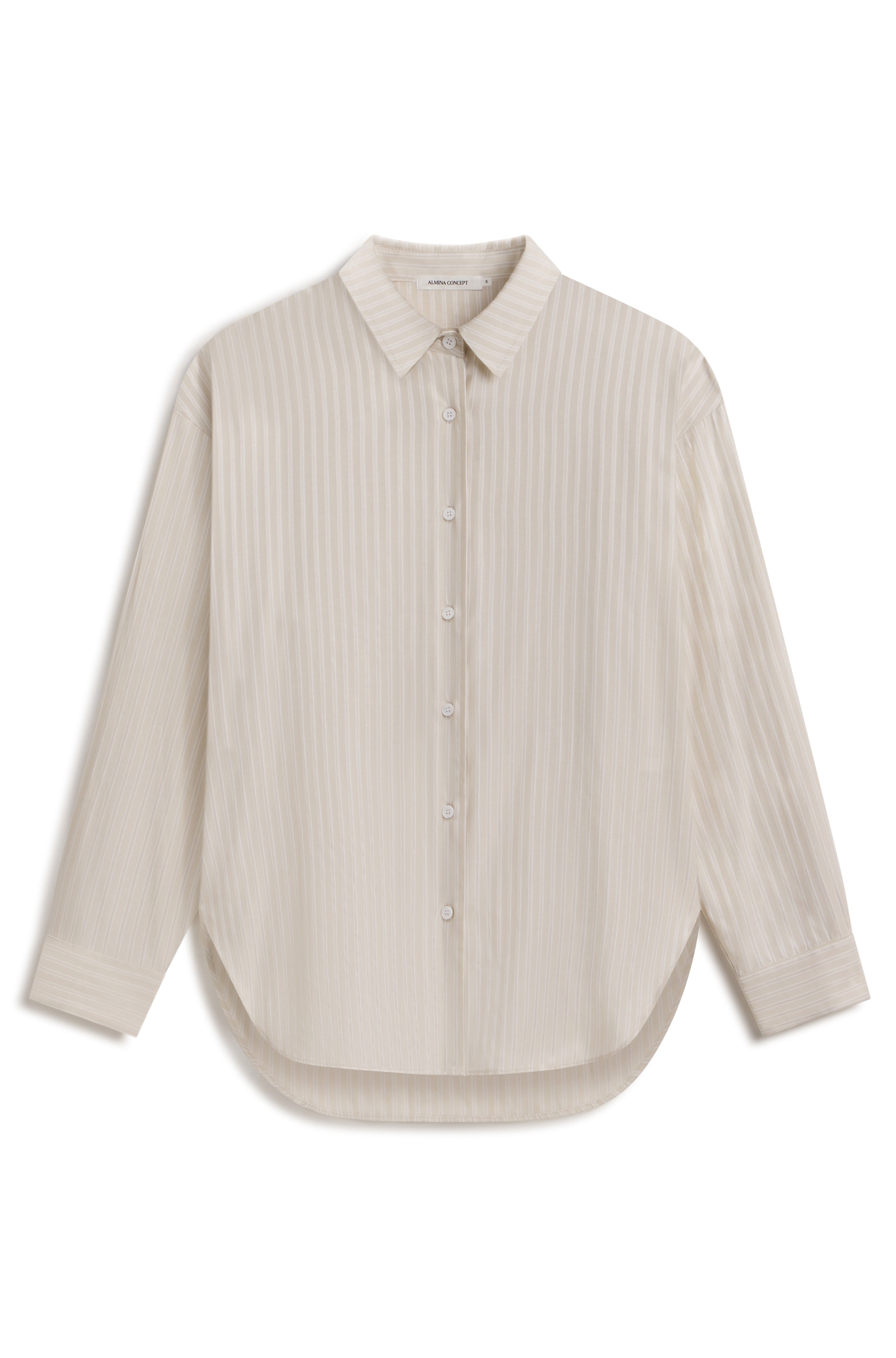 A long-sleeve button-up shirt in a warm cream or off-white color, featuring subtle vertical pinstripes and a pointed collar, shown against a plain white background.