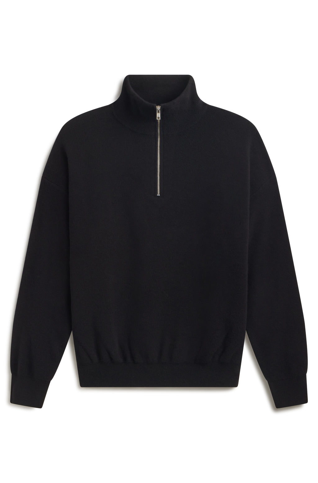 A black long-sleeve quarter-zip pullover sweater with a ribbed mock neck, cuffs, and hem, shown against a plain white background.
