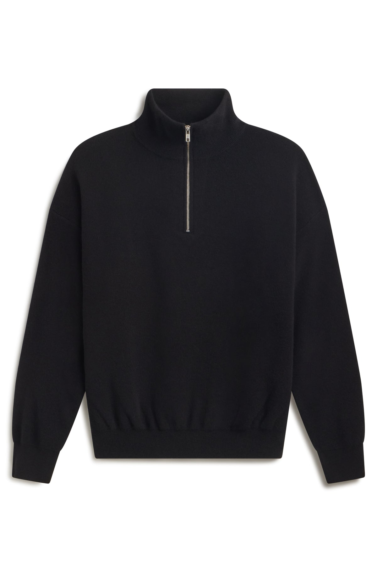 A black long-sleeve quarter-zip pullover sweater with a ribbed mock neck, cuffs, and hem, shown against a plain white background.