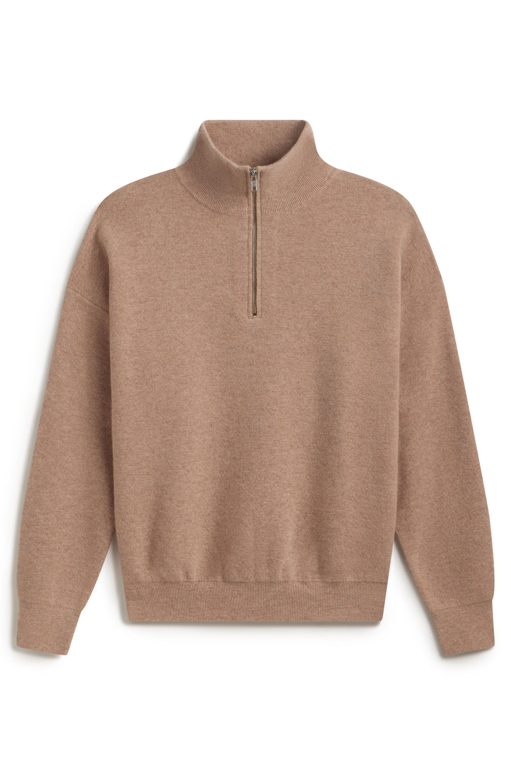 Brown wool quarter zip up sweater on a white background