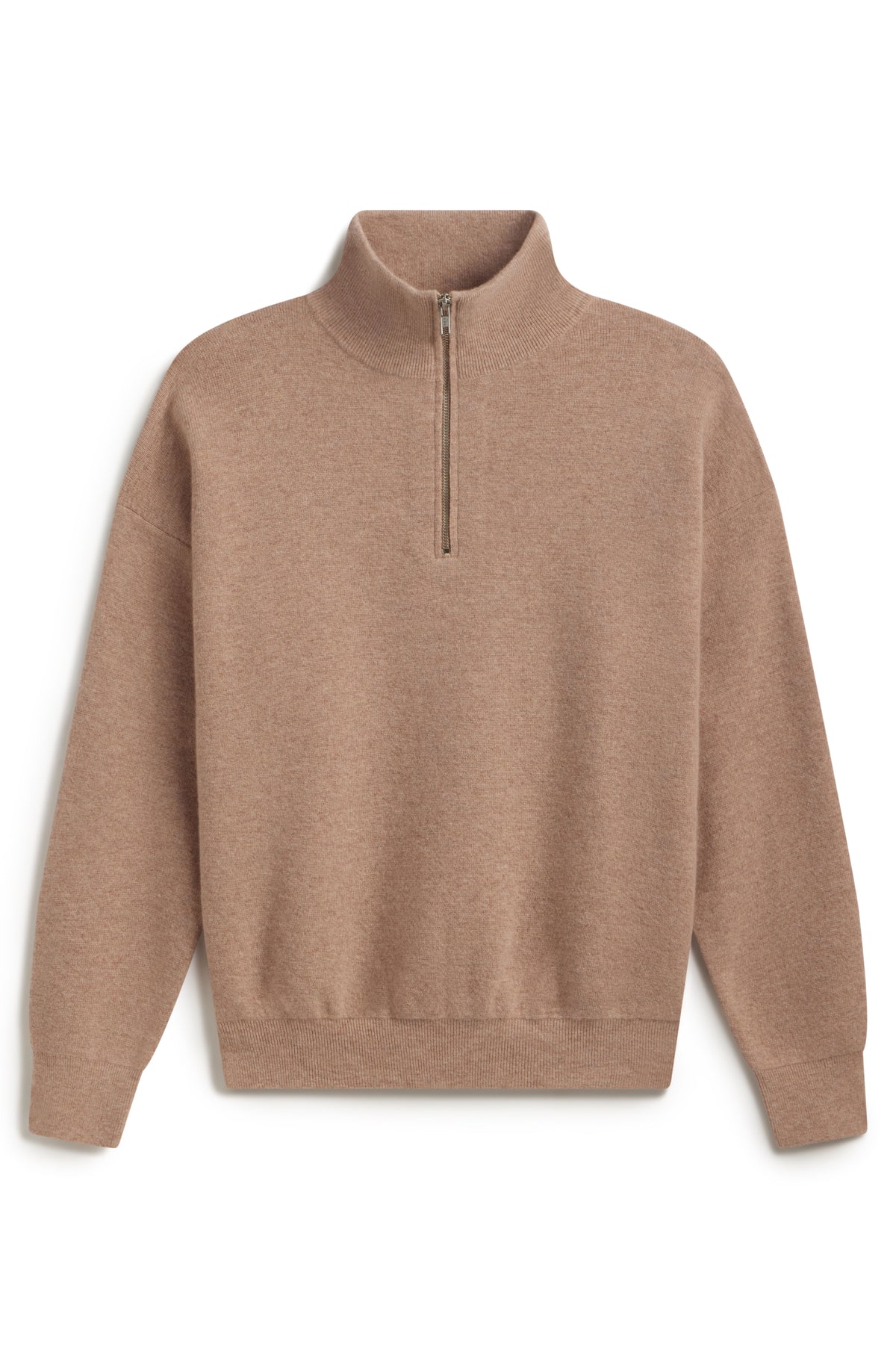 Brown wool quarter zip up sweater on a white background