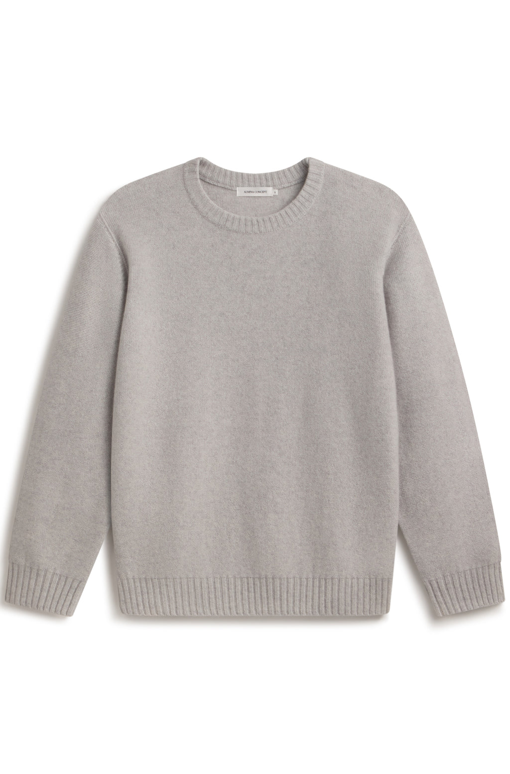 A light gray knit crewneck sweater with ribbed cuffs and hem, displayed flat against a white background.