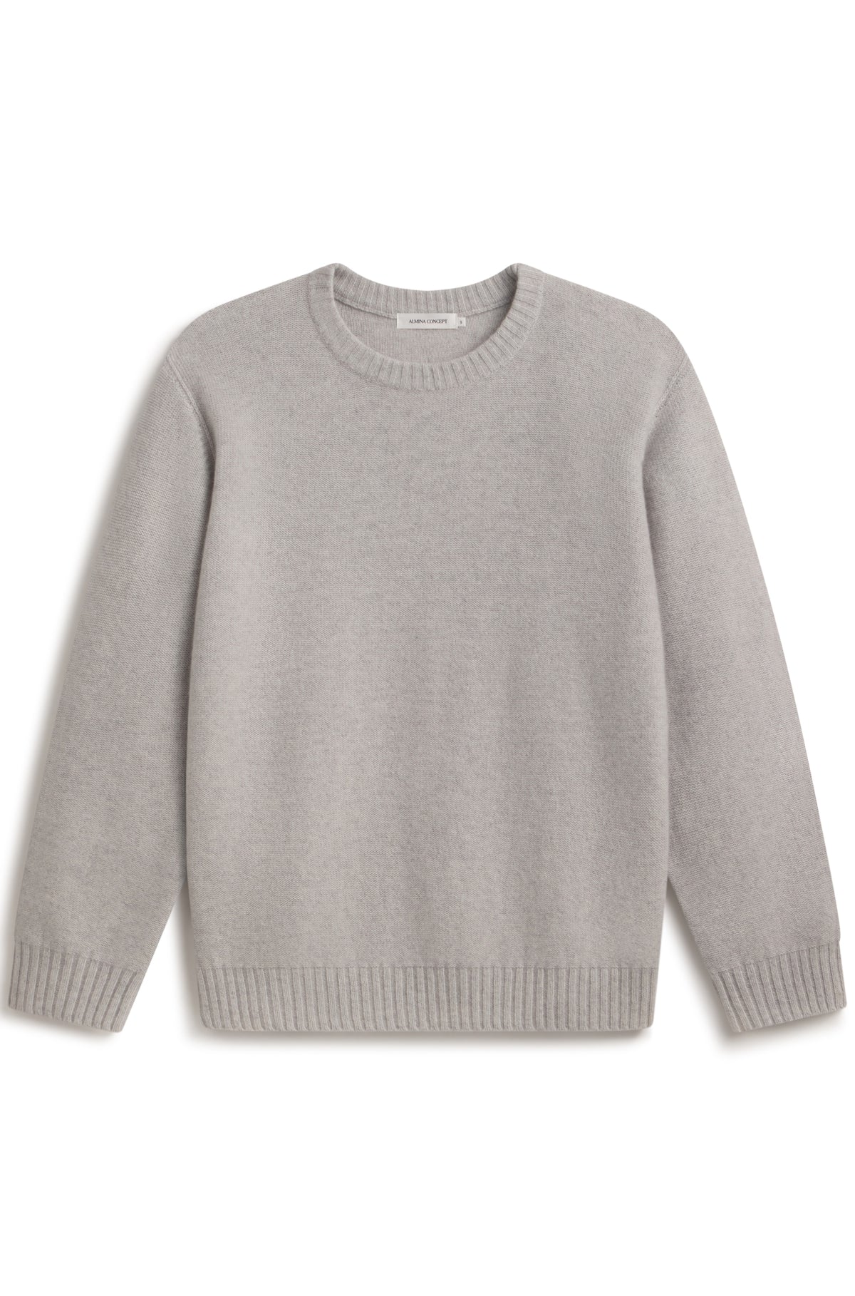 A light gray knit crewneck sweater with ribbed cuffs and hem, displayed flat against a white background.