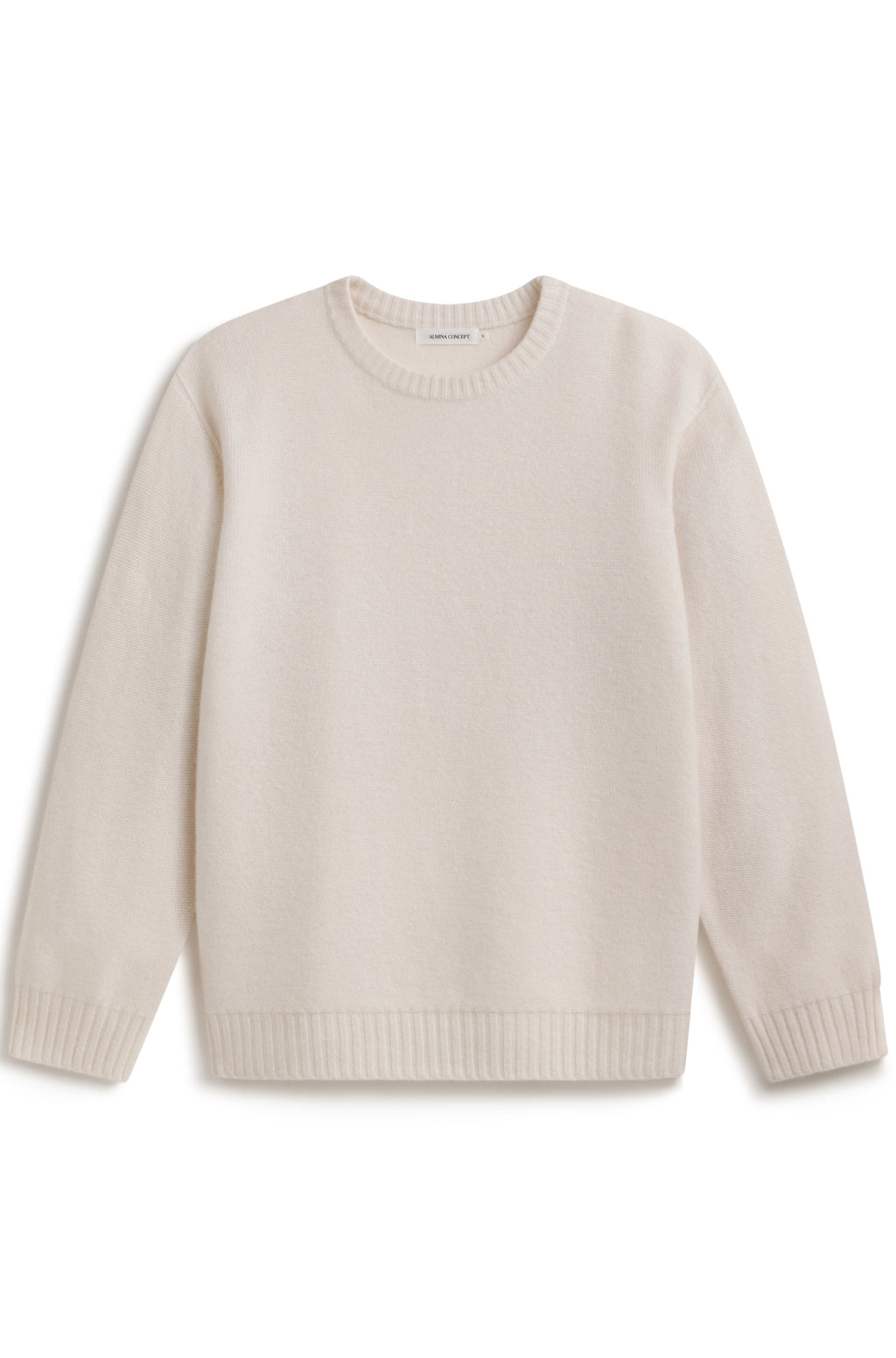 A cream-colored knit crewneck sweater with long sleeves and ribbed cuffs and hem, displayed flat against a white background.