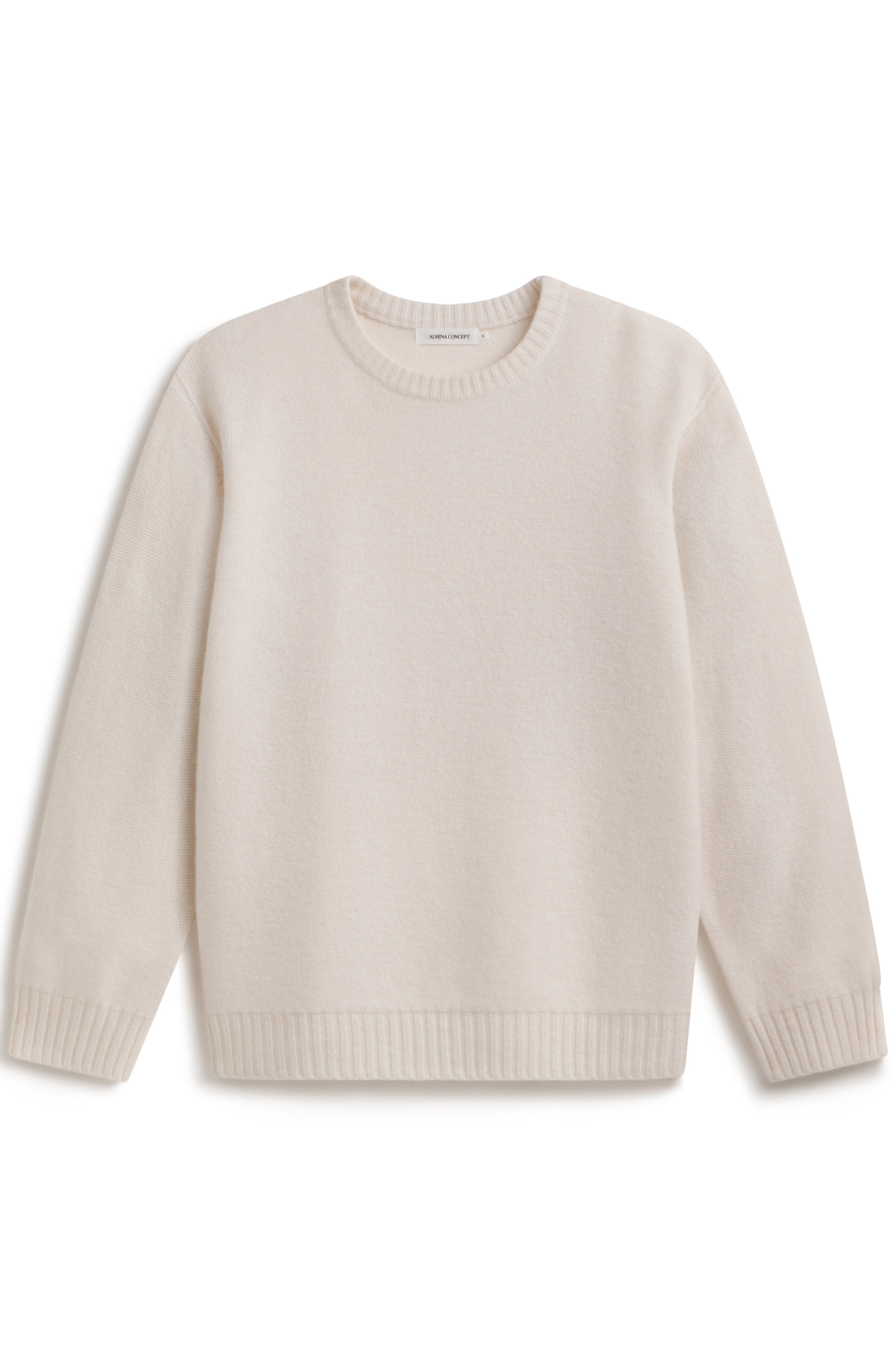 A cream-colored knit crewneck sweater with long sleeves and ribbed cuffs and hem, displayed flat against a white background.