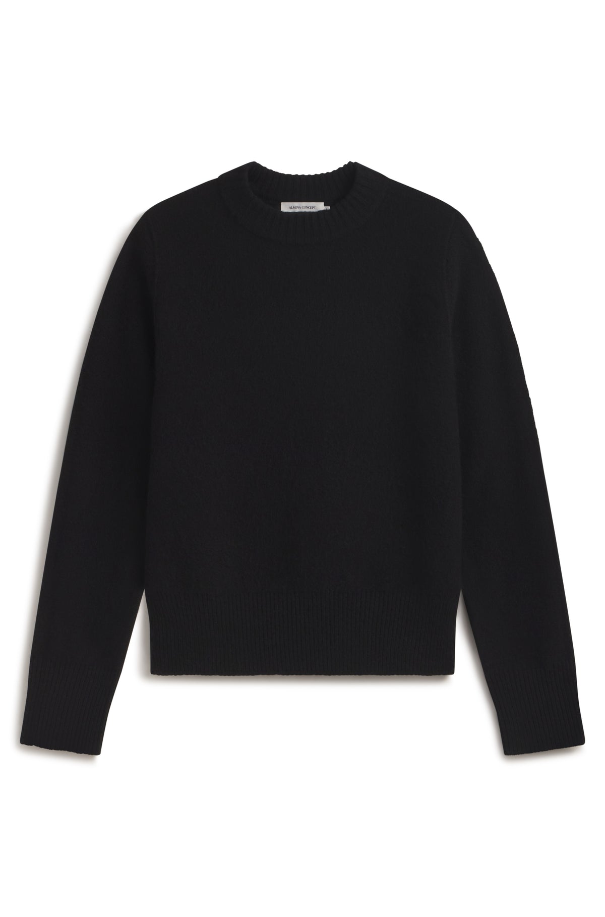 Black wool sweater with a crew neckline against a white background