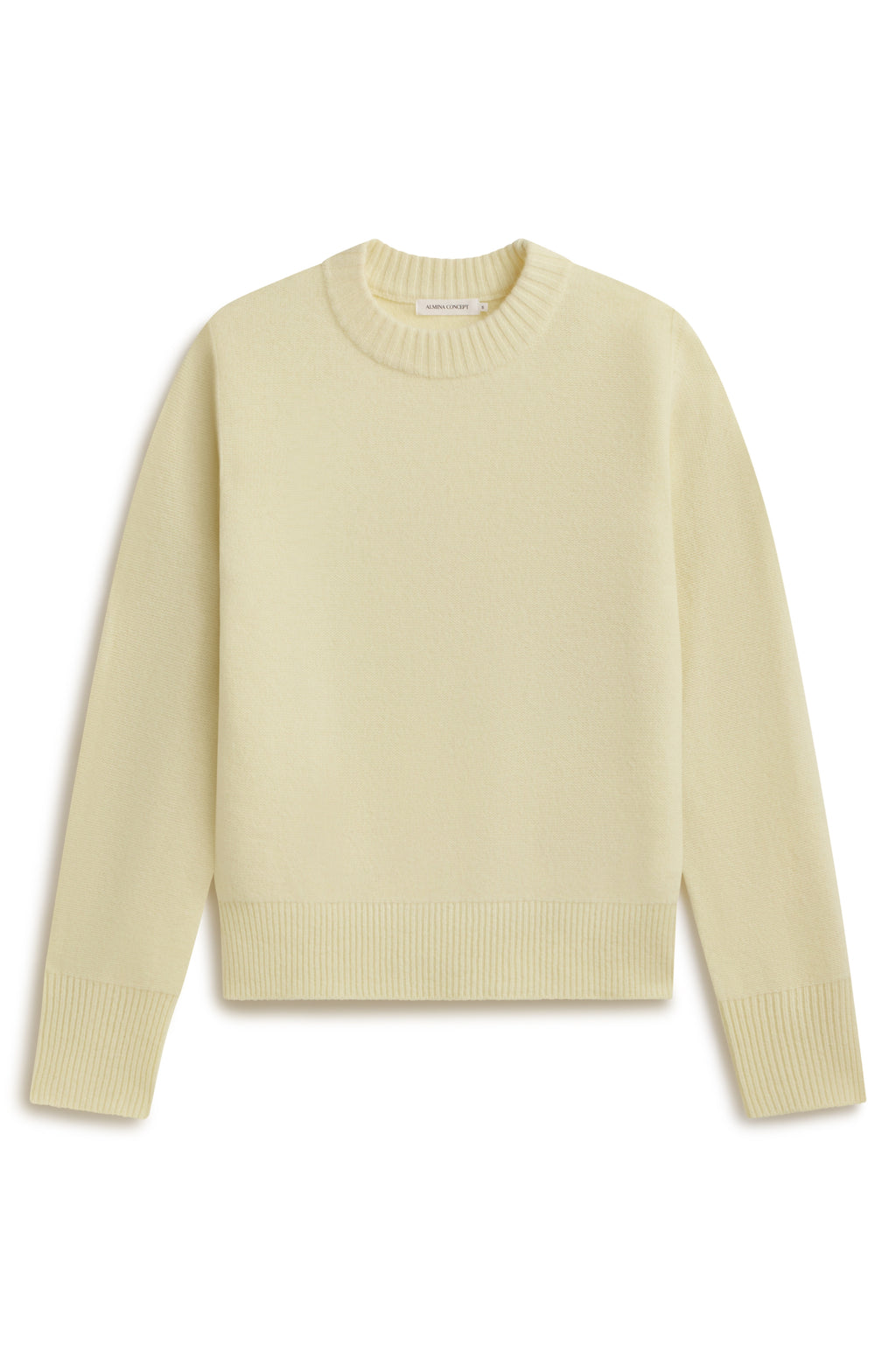 Yellow crewneck wool sweater on a white background