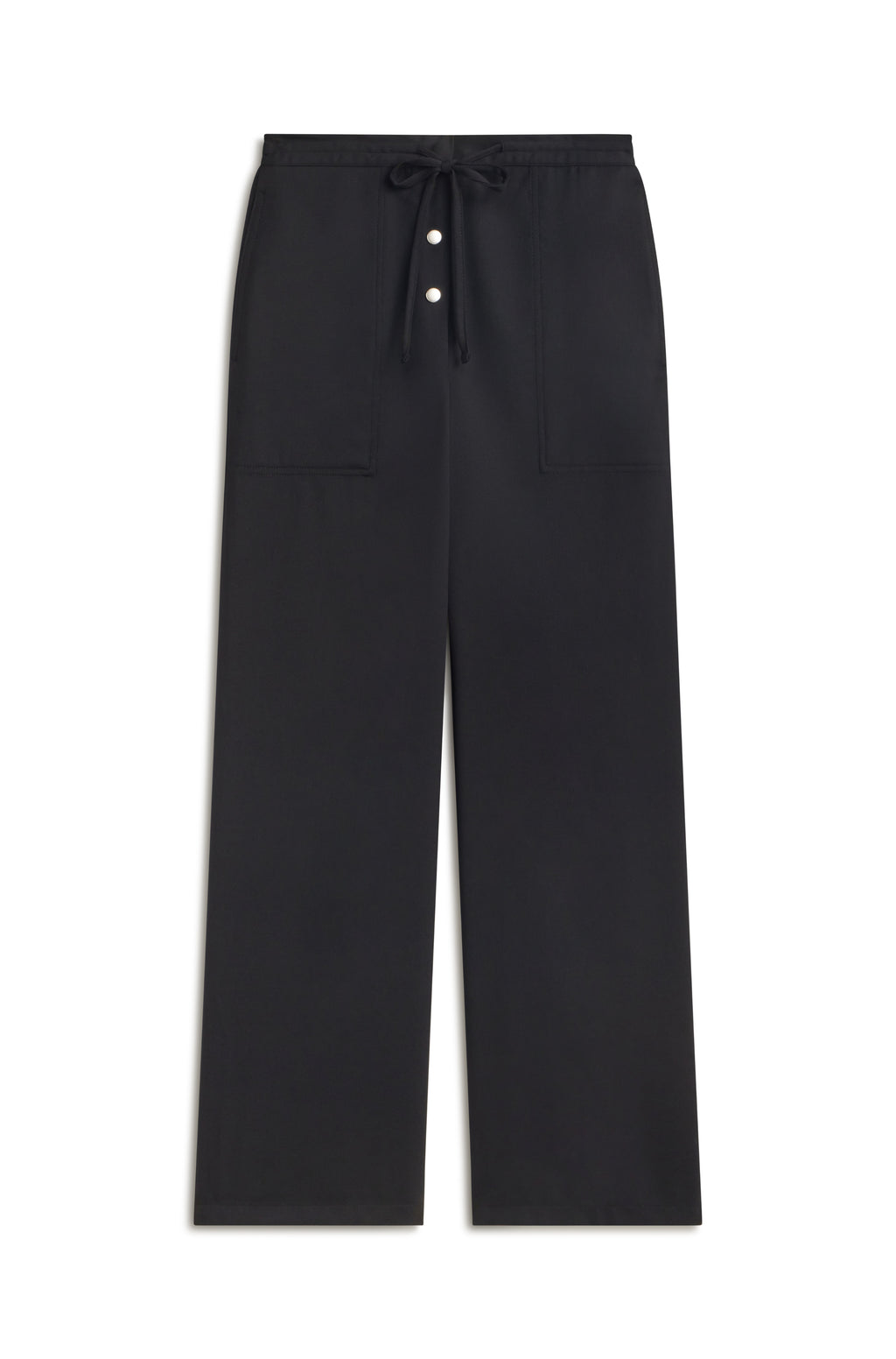 Black wide-leg trousers with a drawstring waist and decorative buttons, shown flat against a white background.