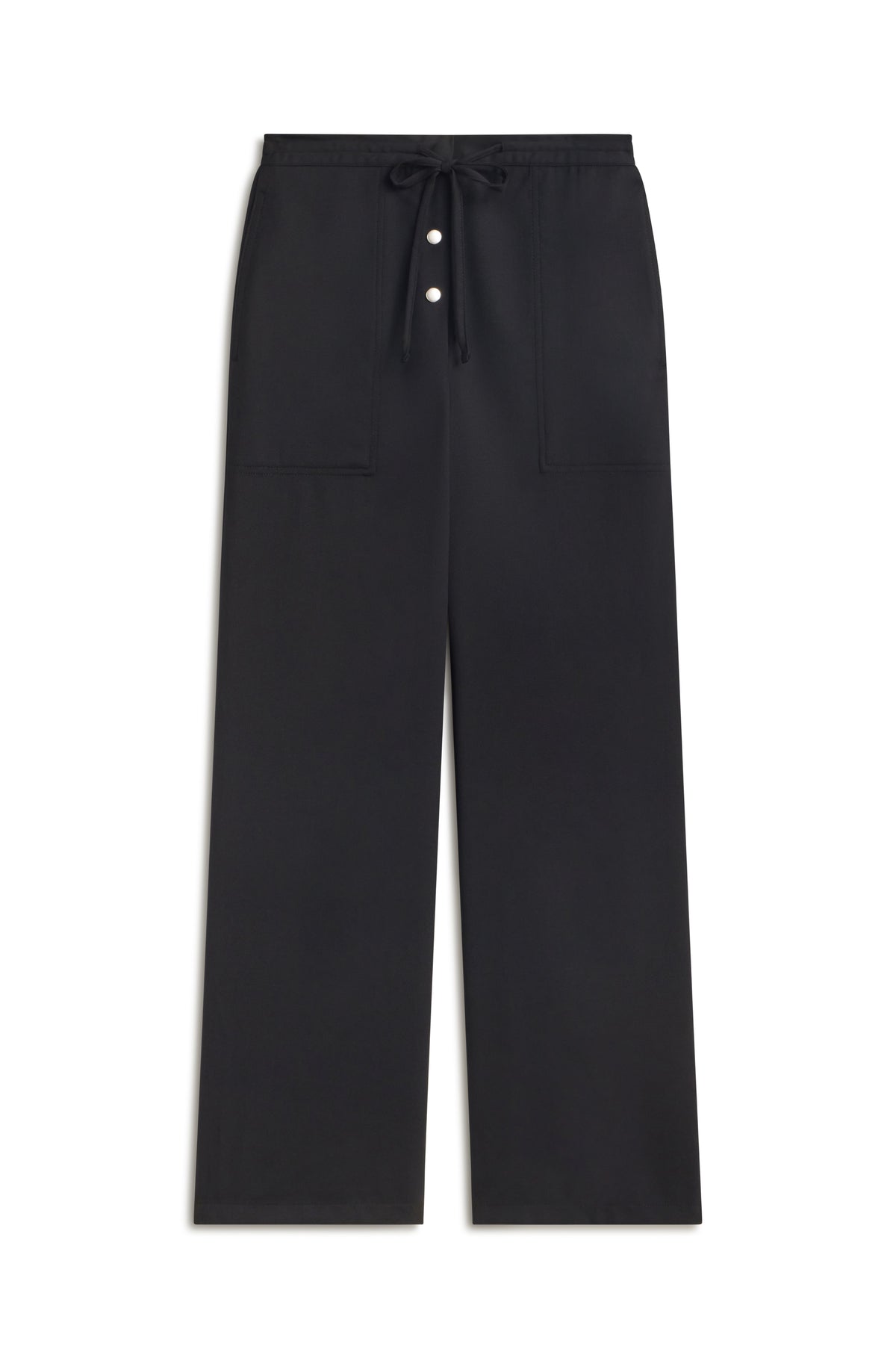 Black wide-leg trousers with a drawstring waist and decorative buttons, shown flat against a white background.