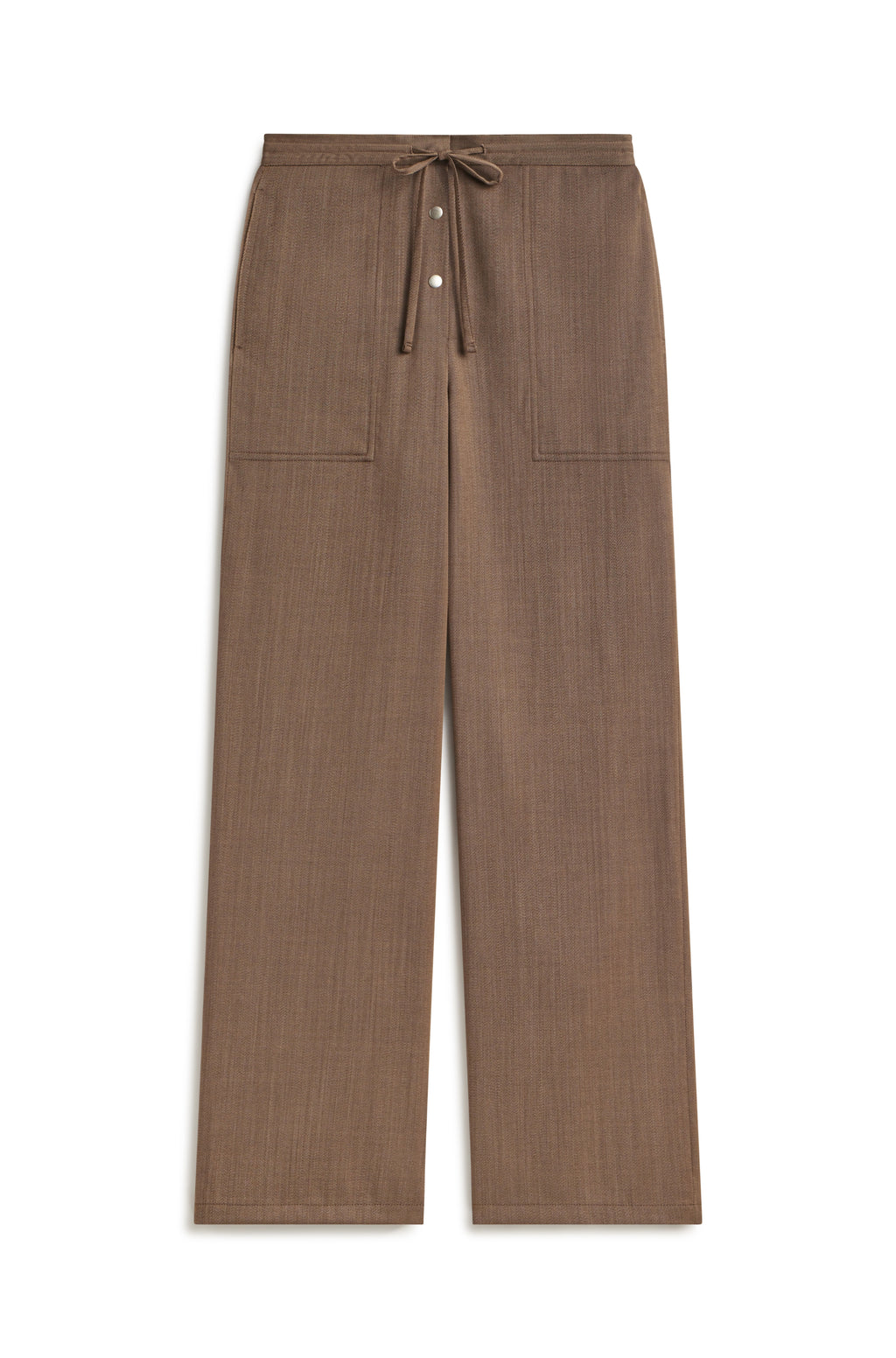 A pair of wide-leg brown trousers with a drawstring waist and front welt pockets, shown flat against a plain white background.