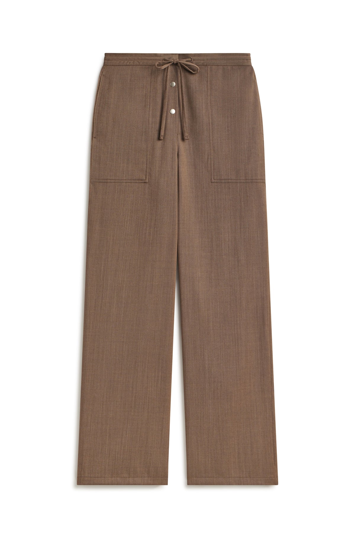 A pair of wide-leg brown trousers with a drawstring waist and front welt pockets, shown flat against a plain white background.