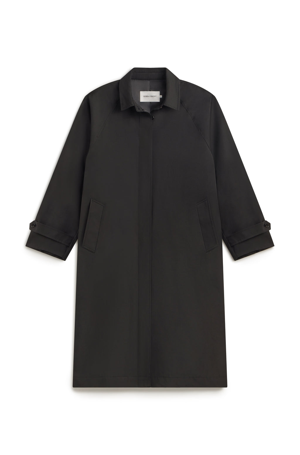 A black longline trench coat with a pointed collar, button front, and three-quarter sleeves, shown flat against a white background.