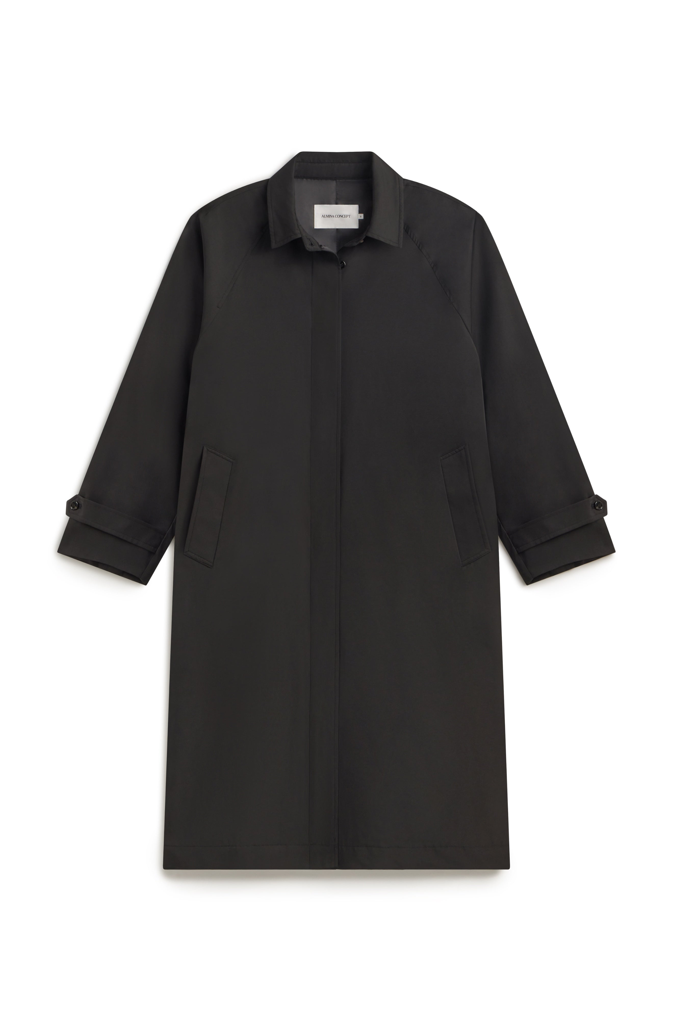 A black longline trench coat with a pointed collar, button front, and three-quarter sleeves, shown flat against a white background.