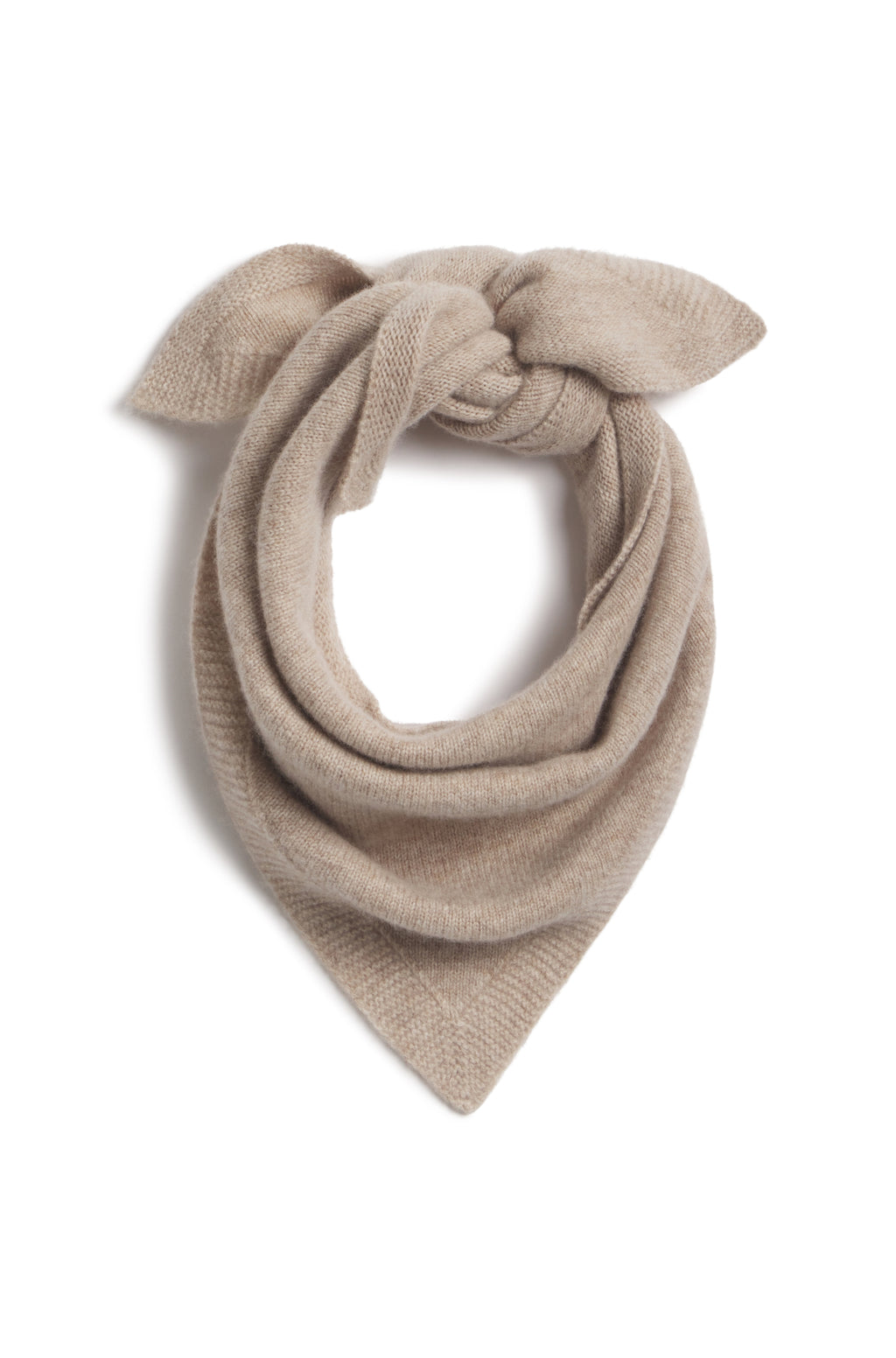 A knitted beige scarf tied in a knot at the top, displayed against a clean white background.