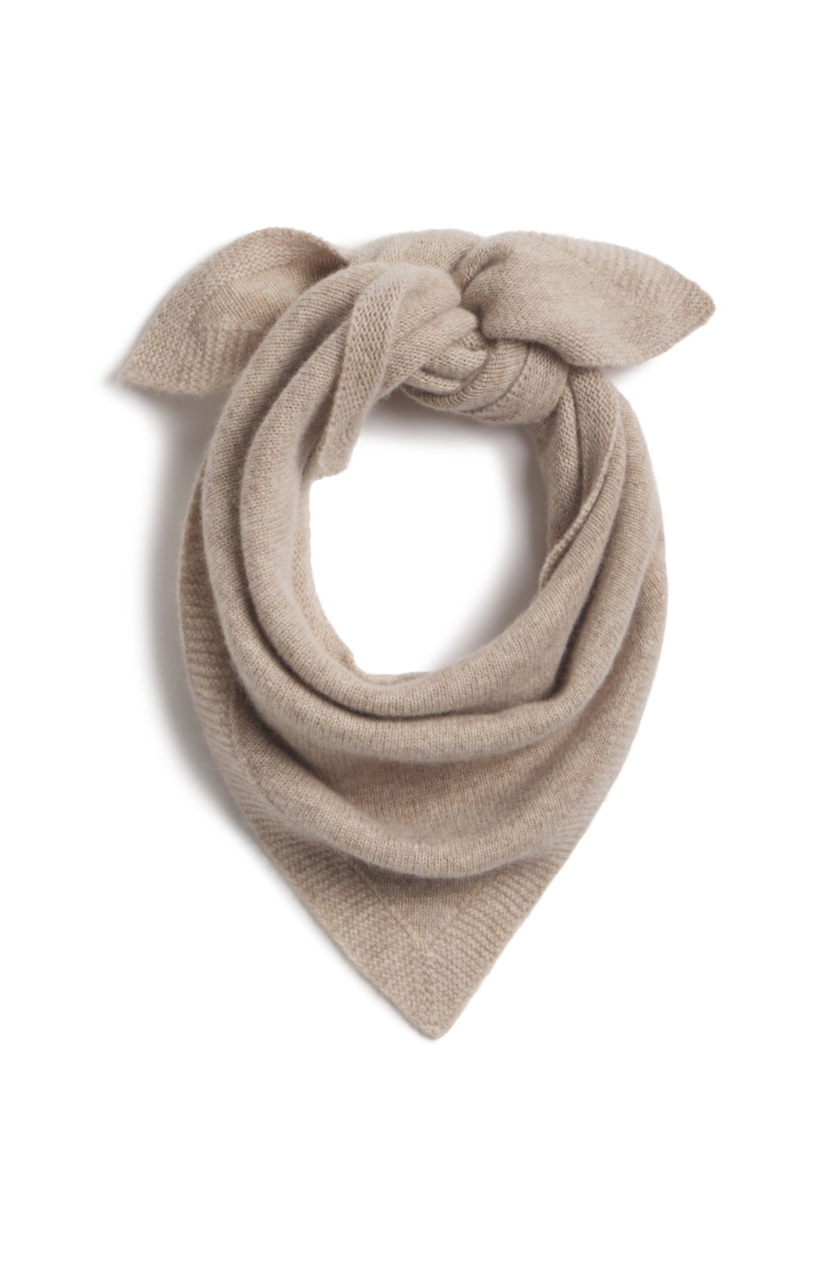 A knitted beige scarf tied in a knot at the top, displayed against a clean white background.