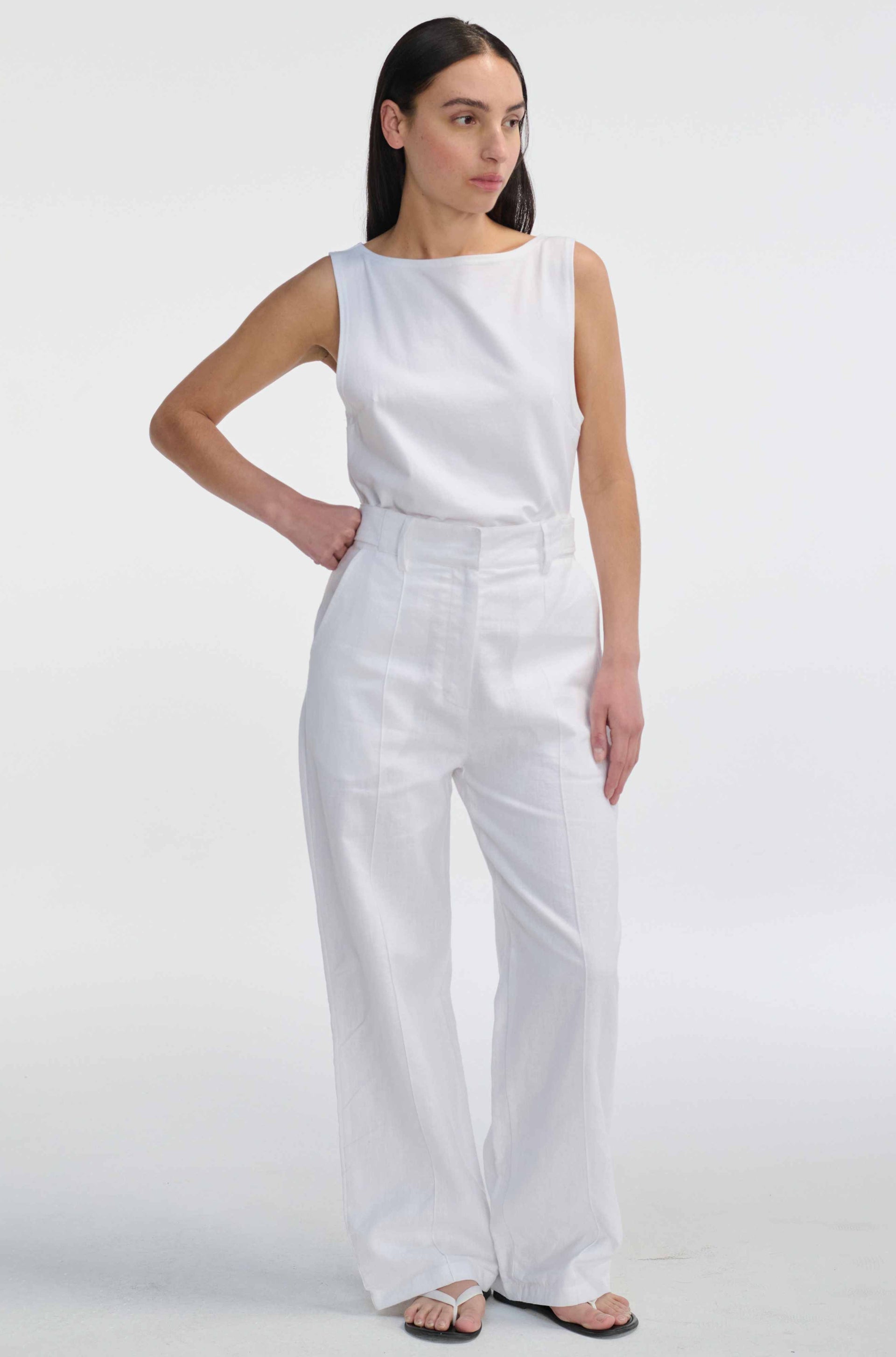 Almina Concept - Adjustable Waist Linen Pants in White