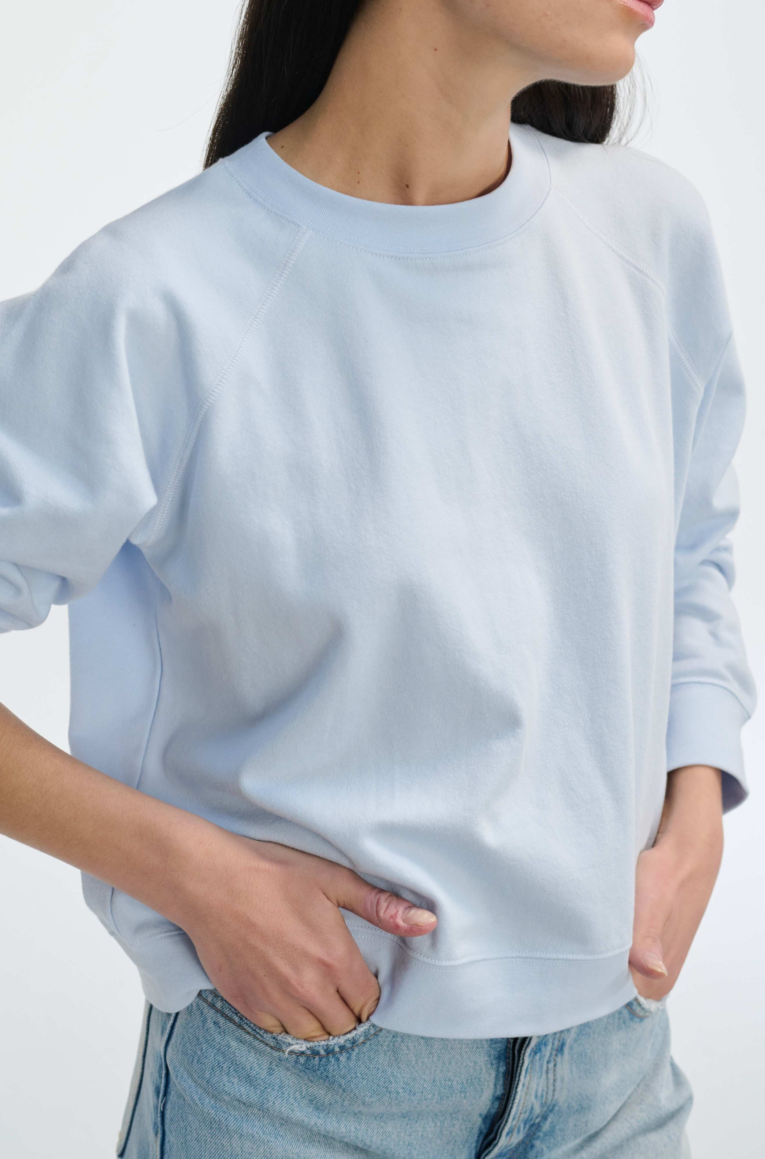 Light blue sweatshirt worn by a person on a white background